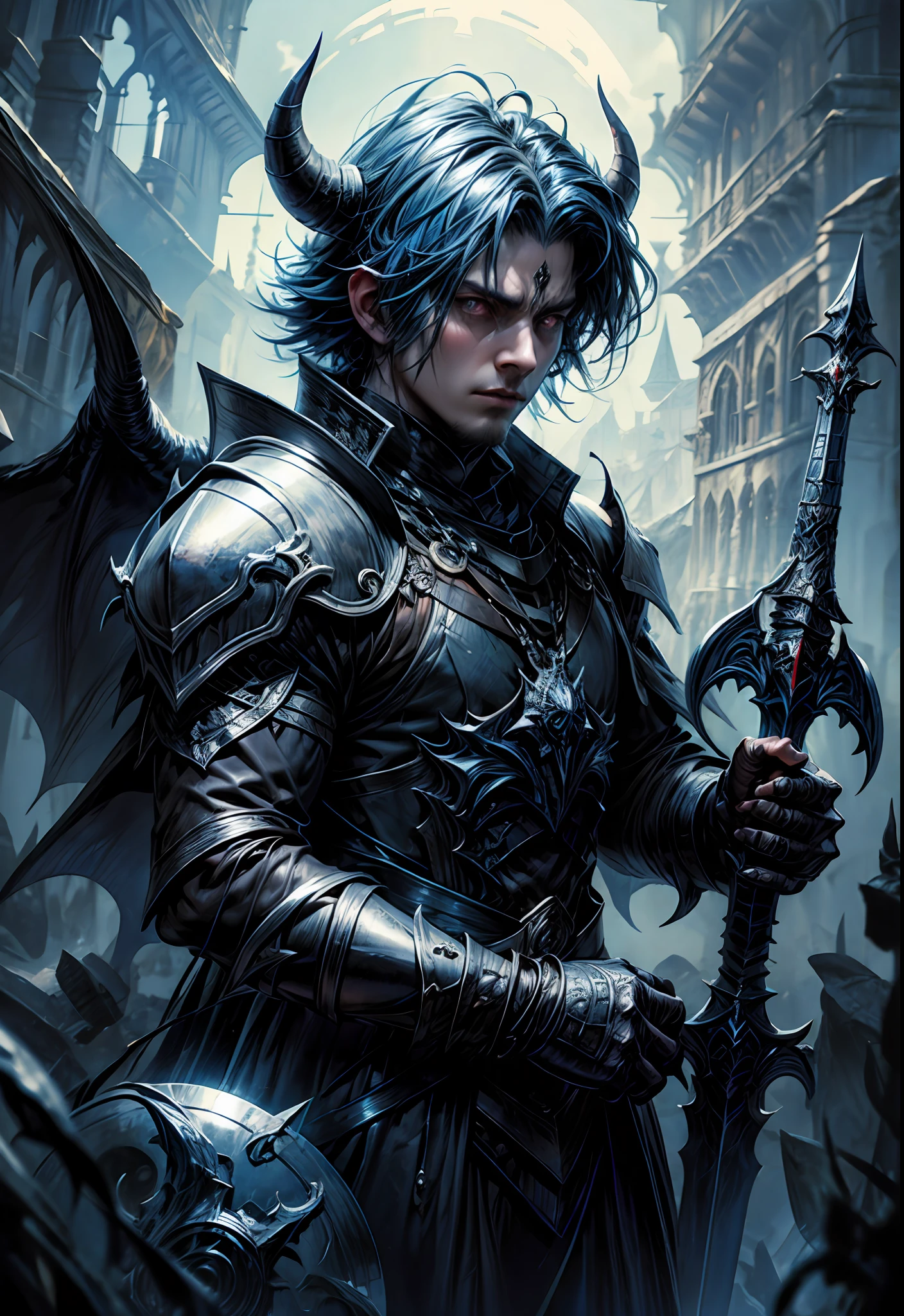 masterpiece, best quality, close shot, Trapezoid, front view, concept art, 1male, demonic horn, (heavy demon knight, heavy shield, holding great sword, handsome, short blue hair), standing, demon castle background, bloodborne inspired, intricate, dark Fantasy theme, depth of field, global illumination, (epic composition, epic proportion), Award winning, HD, Panoramic, [(white background:1.5), ::5],
