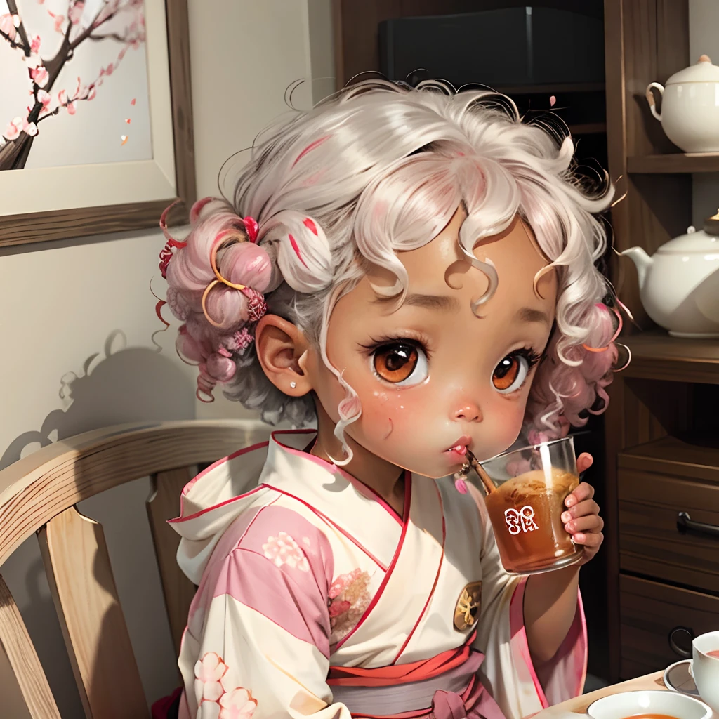 Cute brown skinned  chibi anime, with freckles,white and pink kimono, drink tea, curly grey hair, in a frame, drink hot tea, cherry blossom