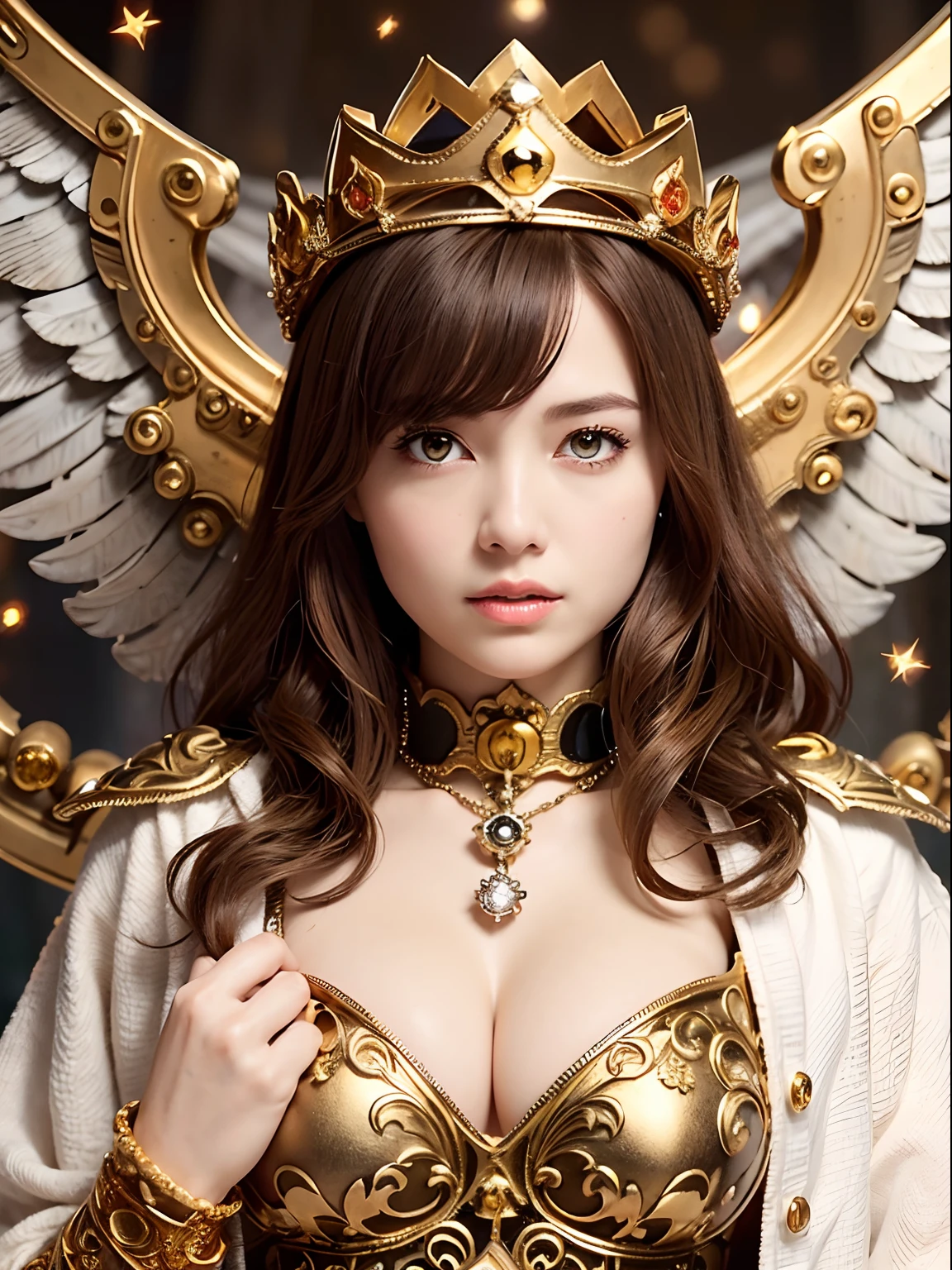 (masutepiece), Professional , masterpiece、top-quality、photos realistic , depth of fields 、(Wind element),tornado,Lightning,(Gemstone Silver Metal Body:1.9),(Matte White、(Gangle's forest background),(Brown hair long straight)、Jewel Gold Weapon、(Castle background),Gorgeous metal weapons,(Detailed and realistic angel white wings) , Detailed Sword of the Brave , Beautiful knife 、delicated face、20 years girl ,warhammer 40k , adepta sororitas,Detail and ornate jewel crown、a blond、(Gangle's forest background)、Beautiful Caucasian beauty、1a person、dynamic ungle,(((Detailed and ornate diamond crown)))、Smaller head、A smile、Powerful poses、Beautiful thin fingers of a woman、cleavage of the breast、