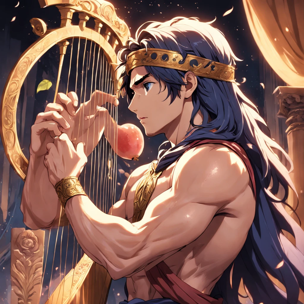 Beauties and handsome men of the ancient Greek world,The beauty holds a bunch of grapes in her hand,Handsome guy playing harp