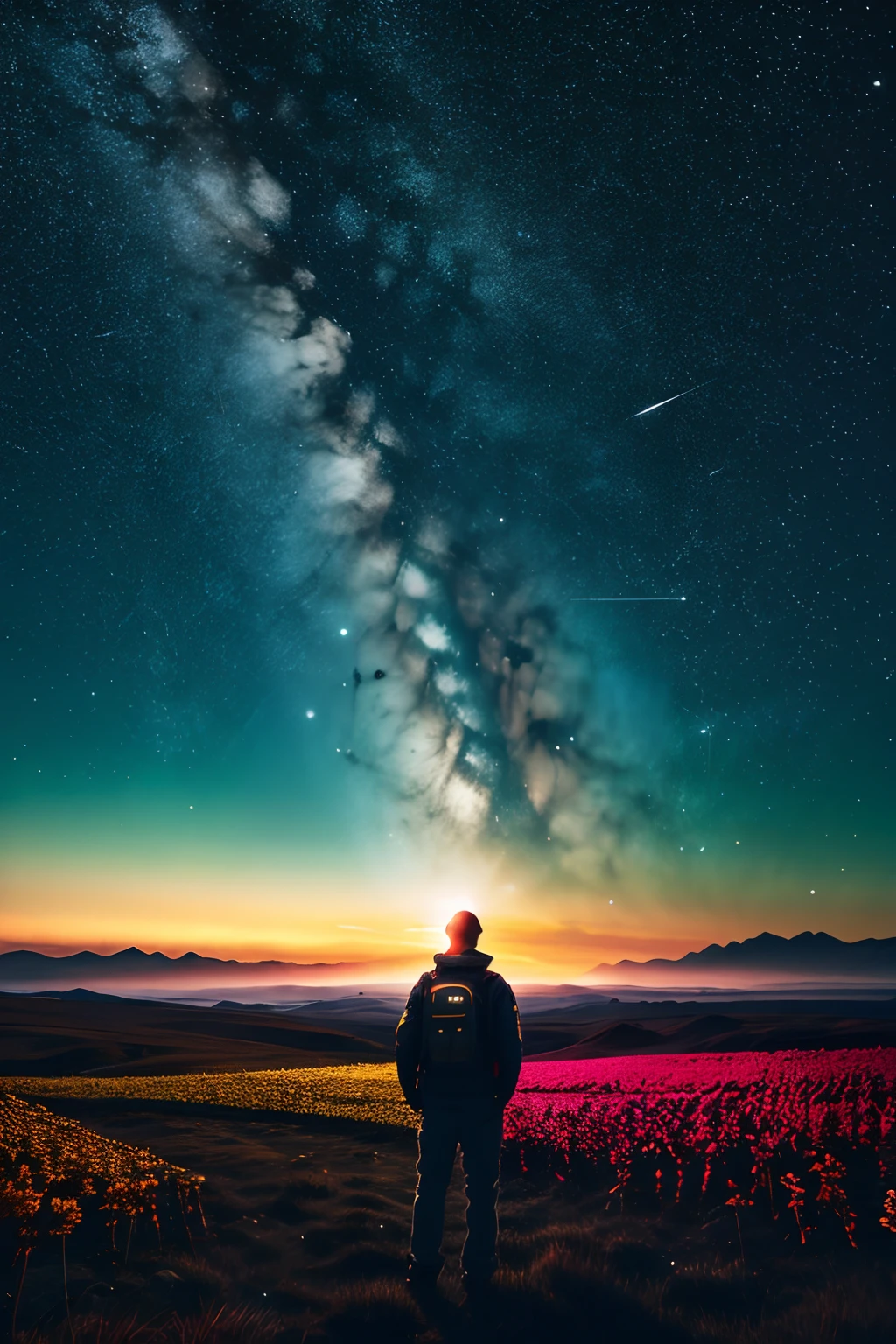 "Astronauta", cores luminosas hipnotizantes, uma mistura de diferentes paisagens, High detail, velho, surreal, projetando sombras suaves e criando um ambiente acolhedor. O esquema de cores consiste em tons neutros e cores terrosas, Culturas, estrelas brilhantes, tree, dramatic lighting, HDR.