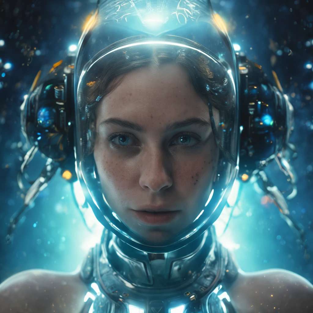 woman in an underwater spacesuit, Beautiful Bioluminescent Creatures on black bacground, best quality, sunlight, detailed face, gorgeous eyes, realistic skin details, high quality, seen from below, romantic, high quality, film grain, Cinematic Light, sidelighting, sharp focus