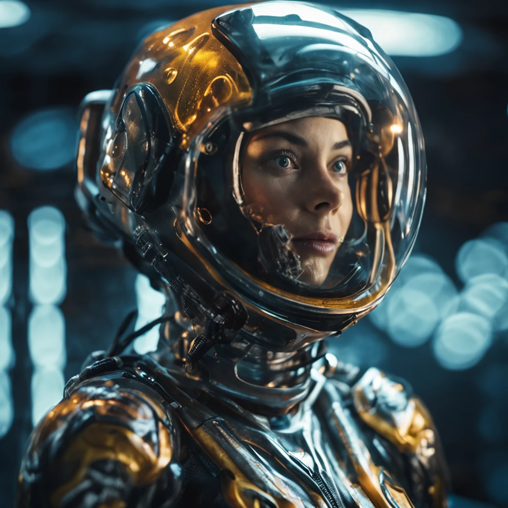 woman in an underwater spacesuit, Beautiful Bioluminescent Creatures on black bacground, best quality, sunlight, detailed face, gorgeous eyes, realistic skin details, high quality, seen from below, romantic, high quality, film grain, Cinematic Light, sidelighting, sharp focus