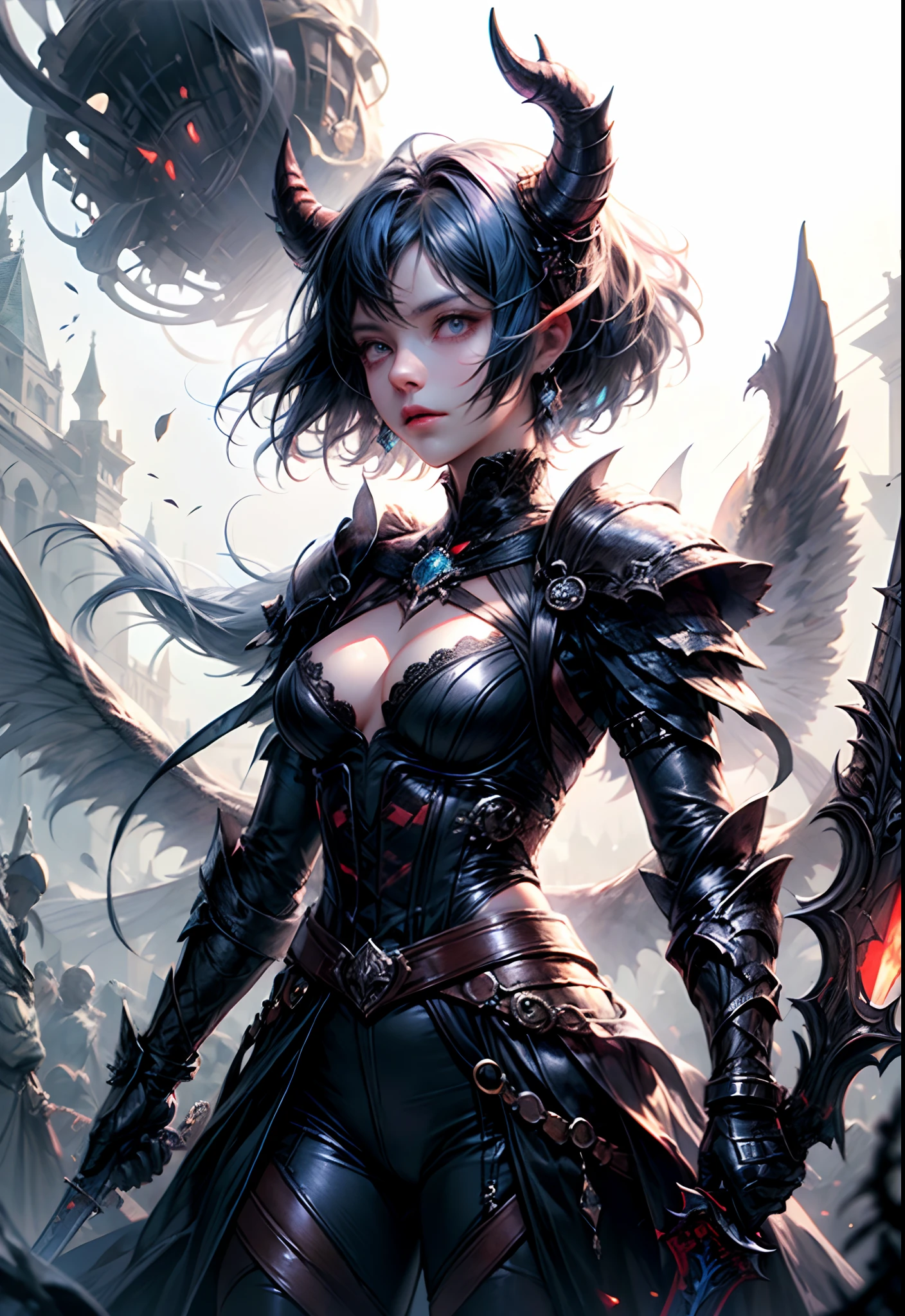 masterpiece, best quality, close shot, Trapezoid, front view, concept art, 1male, demonic horn, (heavy demon knight, heavy shield, holding great sword, handsome, short blue hair), standing, demon castle background, bloodborne inspired, intricate, dark Fantasy theme, depth of field, global illumination, (epic composition, epic proportion), Award winning, HD, Panoramic, [(white background:1.5), ::5],