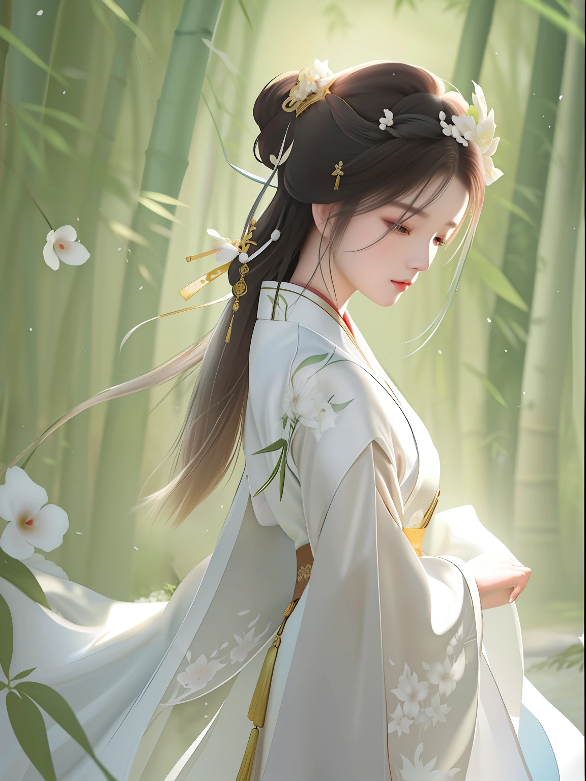 Close-up of a woman in a white dress in a bamboo forest, Palace , A girl in Hanfu, Beautiful character painting, White Hanfu, flowing hair and long robes, flowing white robe, by Yang J, By Li Song, Wearing ancient Chinese clothes, Ethereal beauty, Chinese girl, Guviz-style artwork, Chinese style, ancient chinese beauti