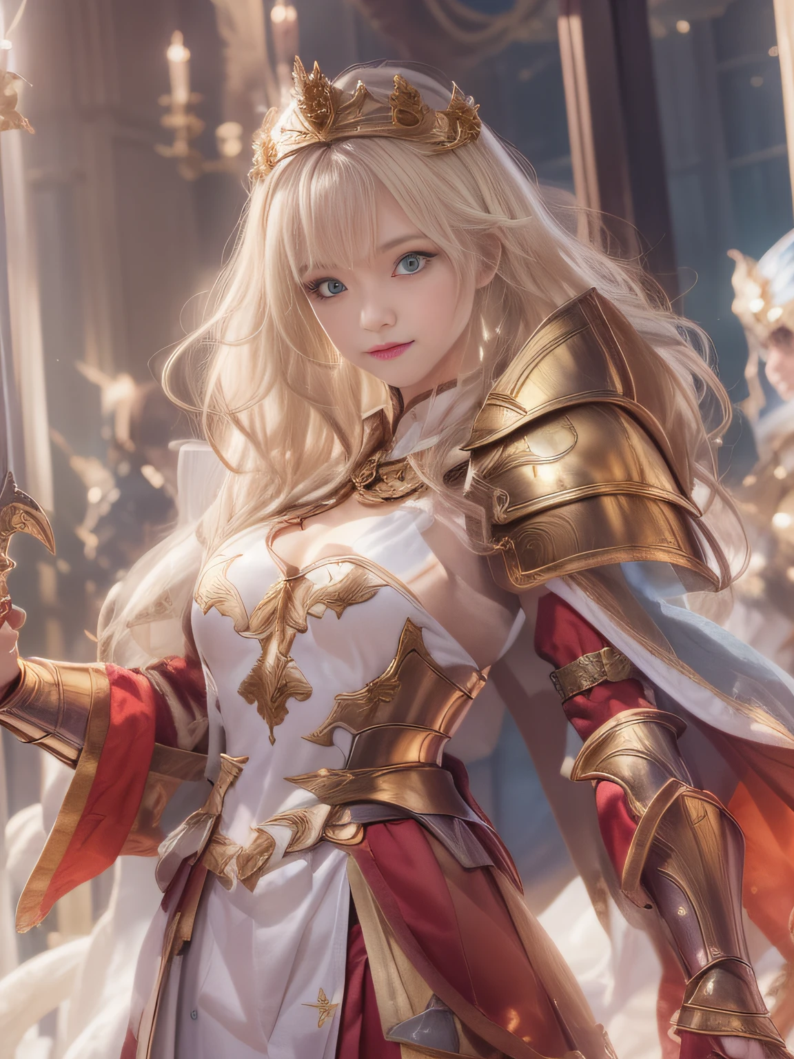 Highly detailed background，Realistic，ultra-detailliert，super detailed skin，Detailed beautiful face and eyes，retinas, masutepiece, ccurate, Anatomically correct, Textured skin, Super Detail, high details, High quality, awardwinning, Best Quality, hight resolution, 8K,Mysterious woman in white and red costume holds two-handed sword, Exiled Princess Knight, knights of zodiac girl,Pallas Athena,Royal Night，a blond，(Glowing blue eyes)，(((Less revealing costumes)))，smooth hair，detailed hairs，Very fine hairs,((small tits)),Thin leg, Wearing underwear，angelic golden armor, gilded shiny armour, Gorgeous red, White and gold armor, heavy white and golden armor, ((Intricate red and white and gold armor)), Shimmering red and copper armor, wearing shining armor, gold armour, (Vengeance Princess Knight), golden armour, Red emblem armor，Great studded lights、Delicate and beautiful colors、Have an emotional atmosphere、Transparent background、Have a fantastic and charming atmosphere，light glow，Film grain，Expro II，Lens Flare，Sharpen，cinematic shadow、(There is a knight behind)，Cool color makeup，Lowered eyebrows、((Ephemeral Girl，A look tinged with joy))