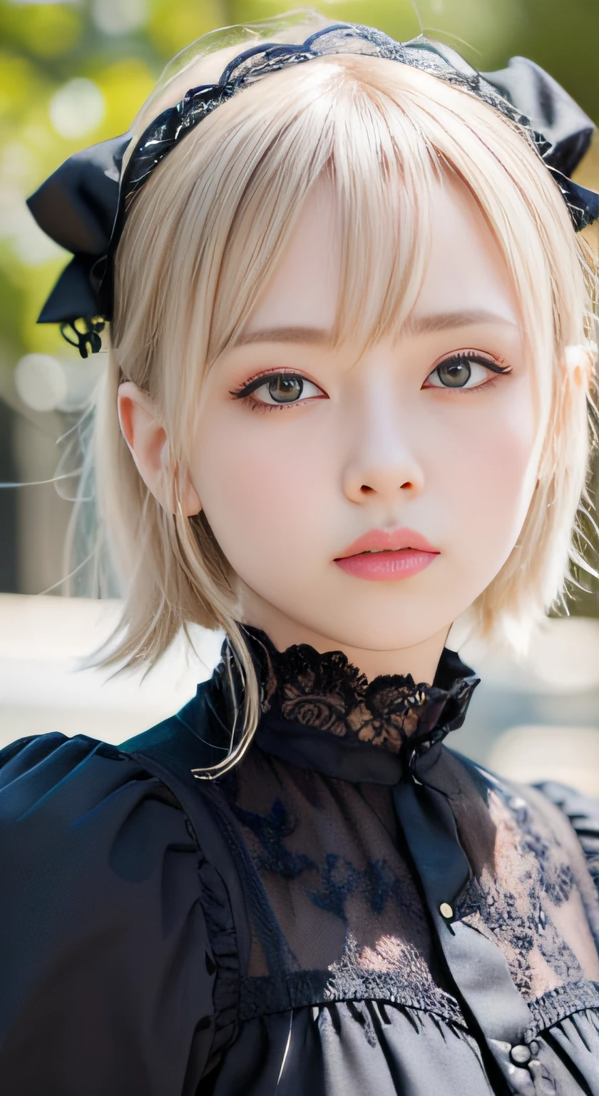 (masutepiece, Best Quality:1.2), 8K, 85 mm, Official art, Raw photo, absurderes, Platinum Blonde Hair, (Blue eyes, Lolita Fashion, sweetlolita, Gothic, Dress:1.2), Idol face, Upper body, Beautiful Girl, gardeniass, Copenhagen, Short sleeve, Elegance, Sophisticated, gardenia, Looking at Viewer, Film grain, chromatic abberation, Sharp Focus, face lights, Dynamic lighting, Cinematic lighting, Detailed face, Bokeh background