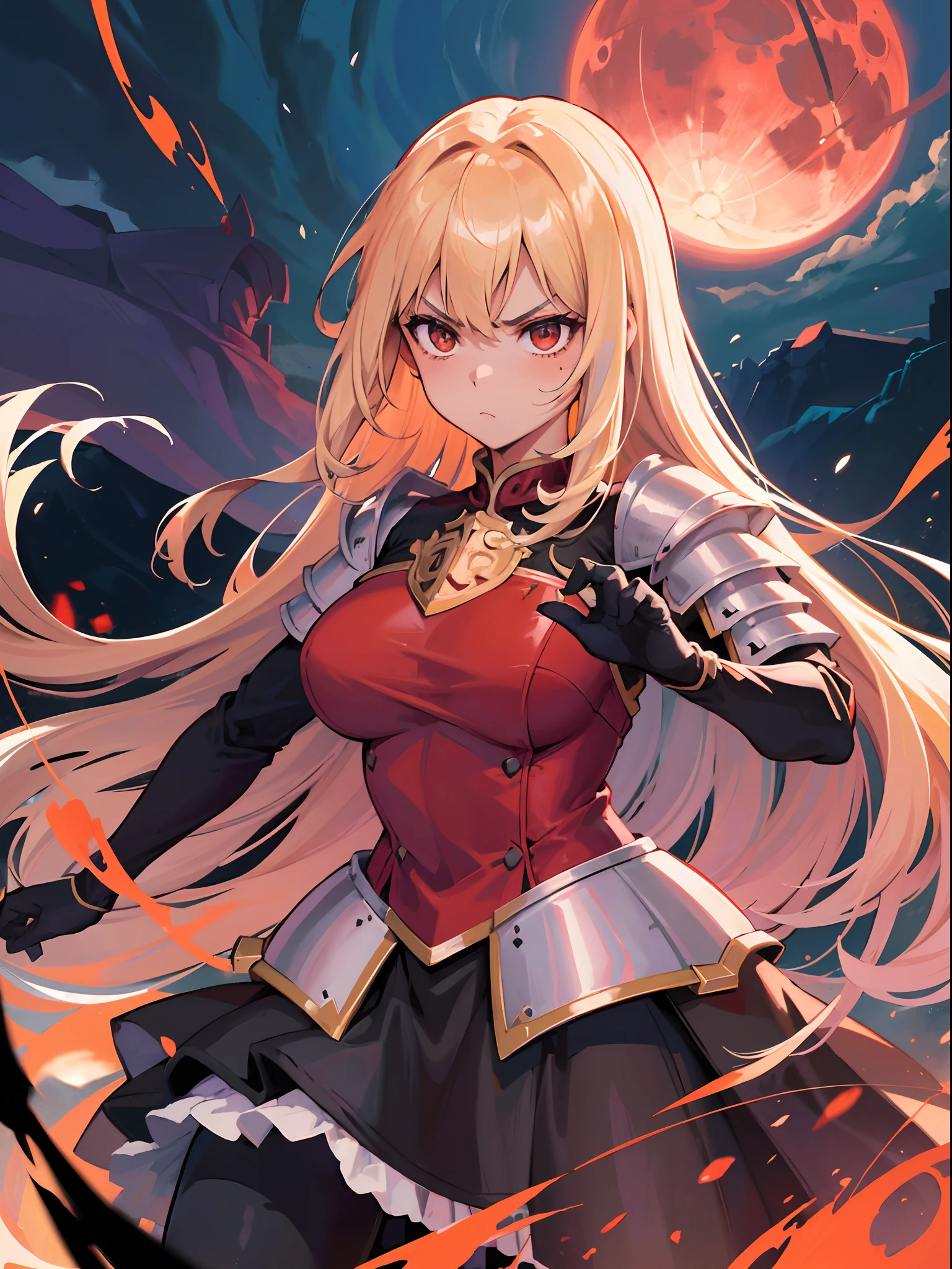 (a beauty girl,royal knights,Wear portable armor),Portrait of a noble knight,speed-line,Combat posture,Wield a giant sword,angry look,bellow,magma,Blood-red moon