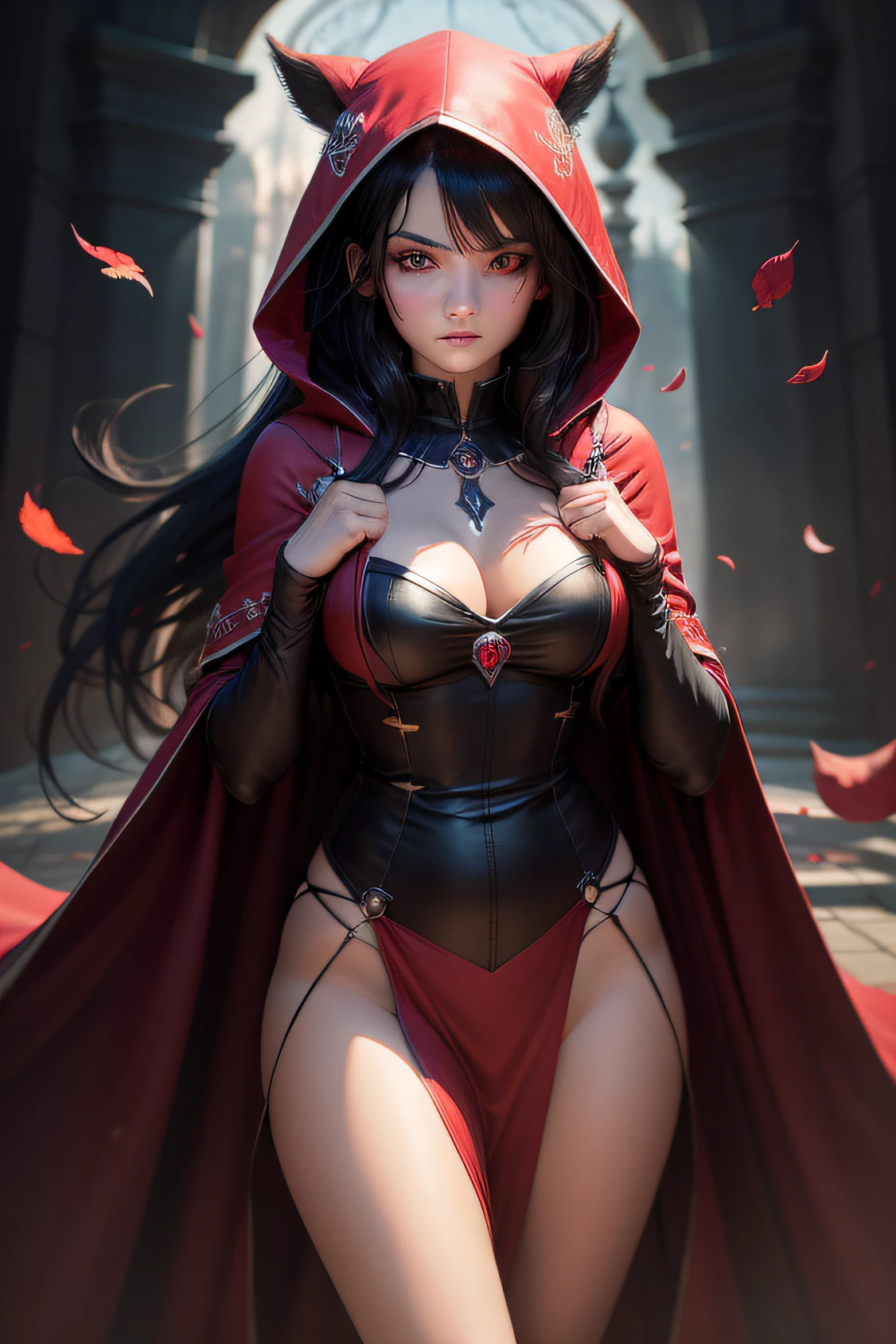 Ultra realistic image of a beautiful young girl. Black hair with white streaks, witch. Red outfit with a burgundy hood. Super-Resolution, 32k, Unreal Engine, Photoshop, Hyperdetailed, Beautiful, Vibrant Ruby Pearlescent, Dark-Red, Dark-Green, Blue Hour, Cinematic, Photograph, Scene, Camcorder Effect, Unregistered Hypercam 2, DSLR,100mm Lens, 22 Megapixels, Painted By Anne Stokes. V4. --no deformity, deformed face,deformed eyes, deformed hands, deformed nose, deformity, blur, low resolution, low resolution, duplicity, visual pollution, animals.