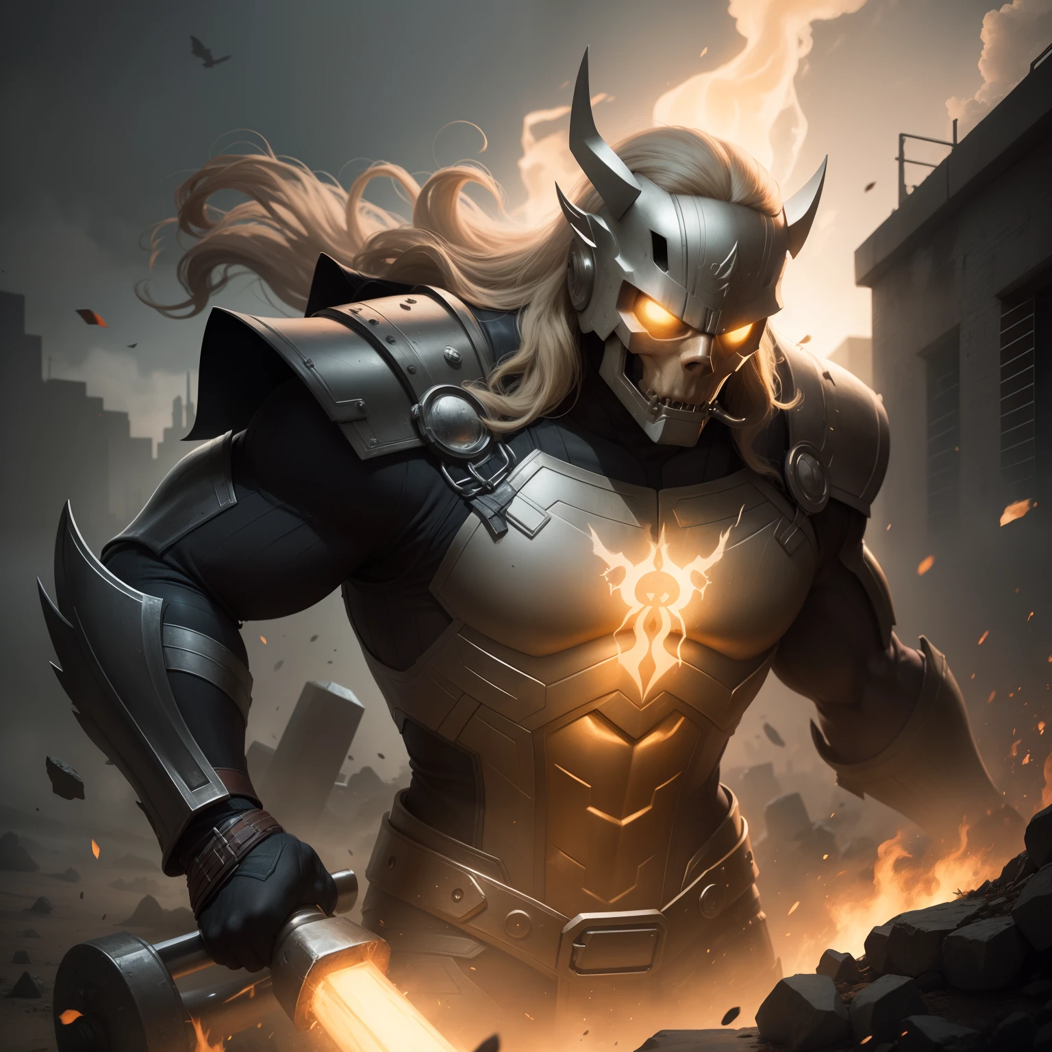 Thor mixed with ghost rider high definition, realistic, intricate armor with celtic runes, big hammer, mjolnir,