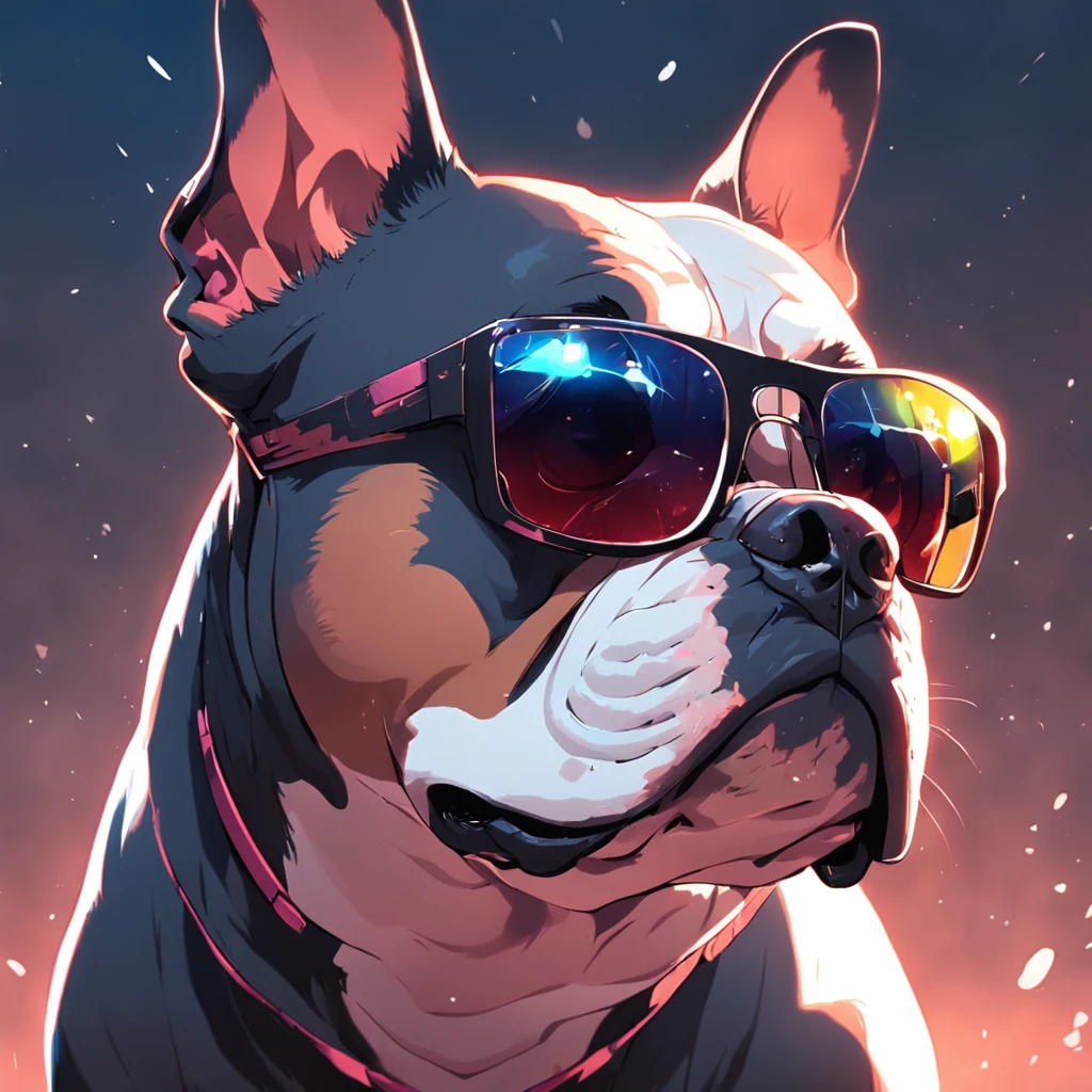 "master part, American Bully revestido de preto com detalhes na cor branca, canalizando o estilo Matrix, sports sunglasses, captured from a dynamic angle, providing the best quality in an impressive 4K resolution."