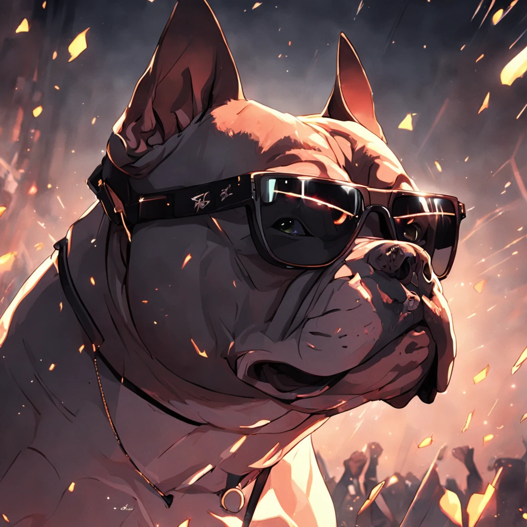 "master part, American Bully revestido de preto com detalhes na cor branca, canalizando o estilo Matrix, sports sunglasses, captured from a dynamic angle, providing the best quality in an impressive 4K resolution."