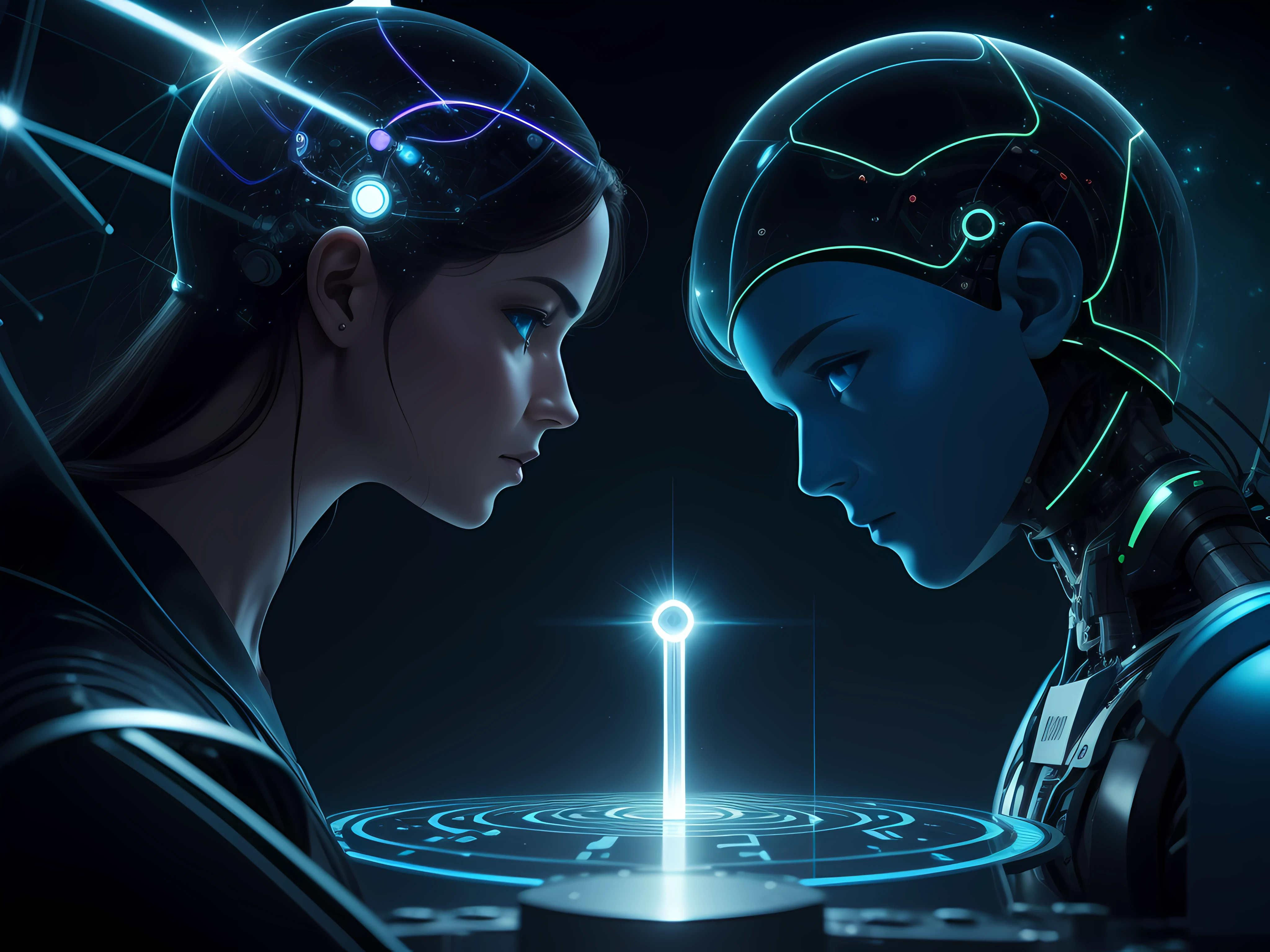 Images of scientists and thinkers debating the future of AI. Hiperrealista, 8 K, en tonos azules, anaranjados, verdes, violetas.