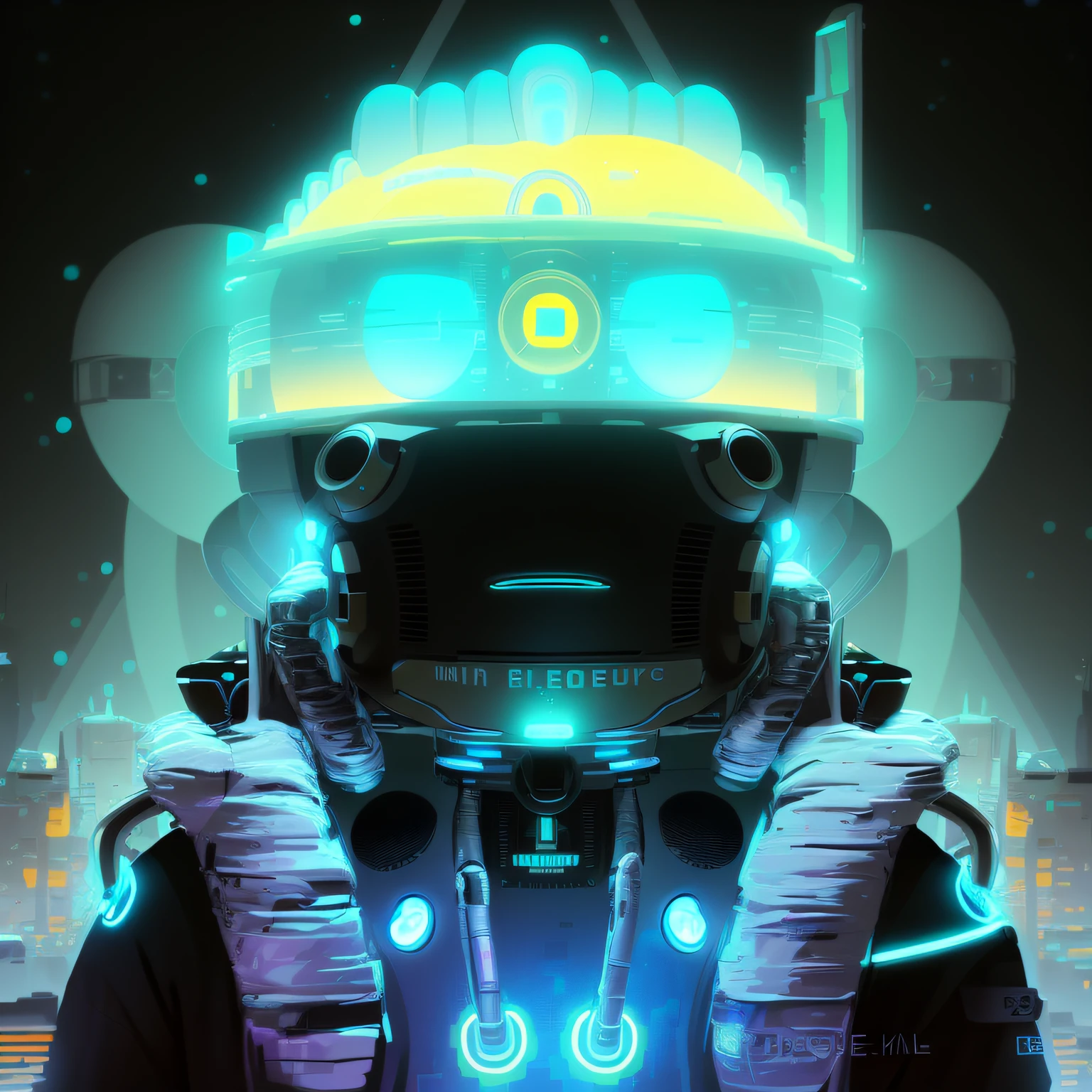Close-up of robot wearing helmet,The background is a city, style hybrid mix of beeple, Astronaut Cyberpunk Electric, Bipple and Jeremiah Ketner, inspired by Mike "beeple" Winkelmann, in the style of beeple, by Mike "beeple" Winkelmann, beeple!!