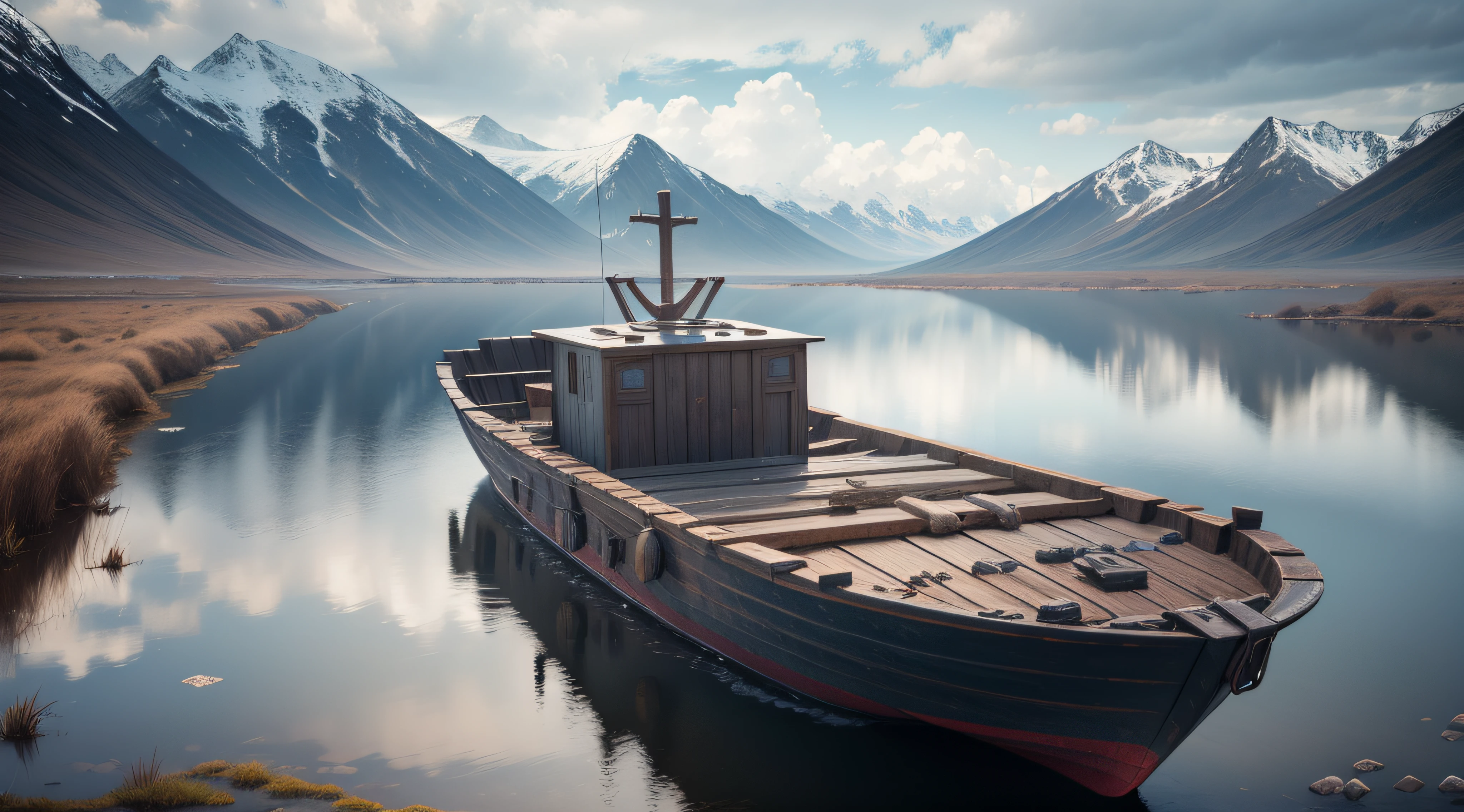 Bog boat exterior for carrying large cargo, tundra background, digital photo, rendering, full size, correct shapes, realistic vision, very high detail, sharp focus, DSLR camera shooting, 16k, Full HD