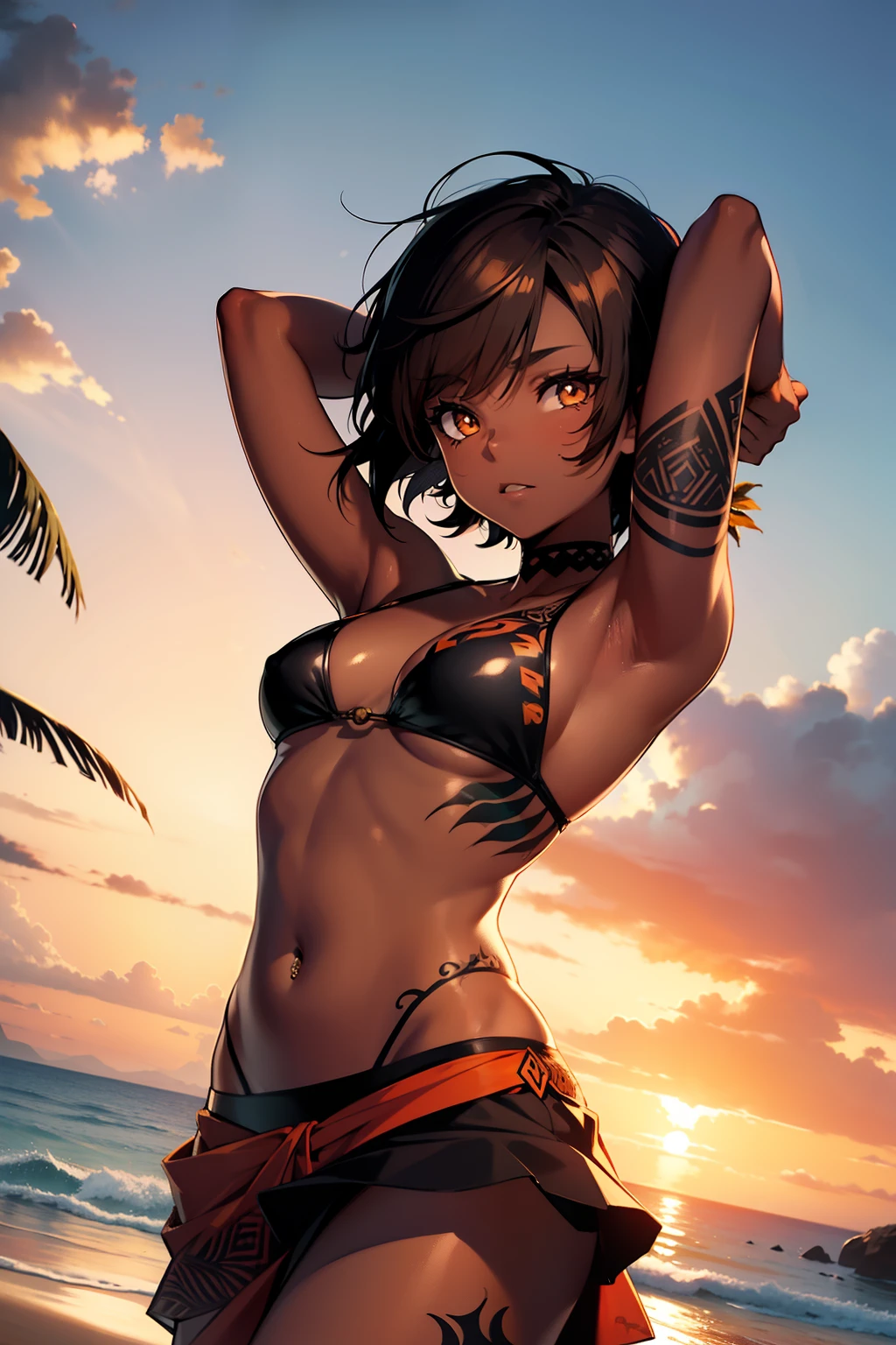young woam, tattoed arms, tattoed body, ringed tattoos, maori tattoos, short hair, brown hair, orange eyes, black skin, tropical bikini, seaweed skirt, on a beach, sunset, 4k
