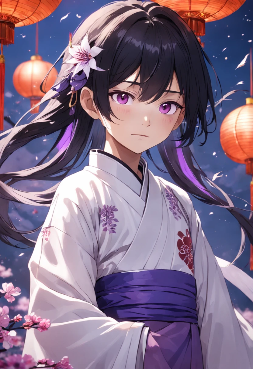 younge boy, boy,black color hair,middle parted bangs,asymmetricalbangs,Purple eye,white clothes,Hanfu,Chinese-style clothes,Take the flowers, ssmile,Sagging eyes,