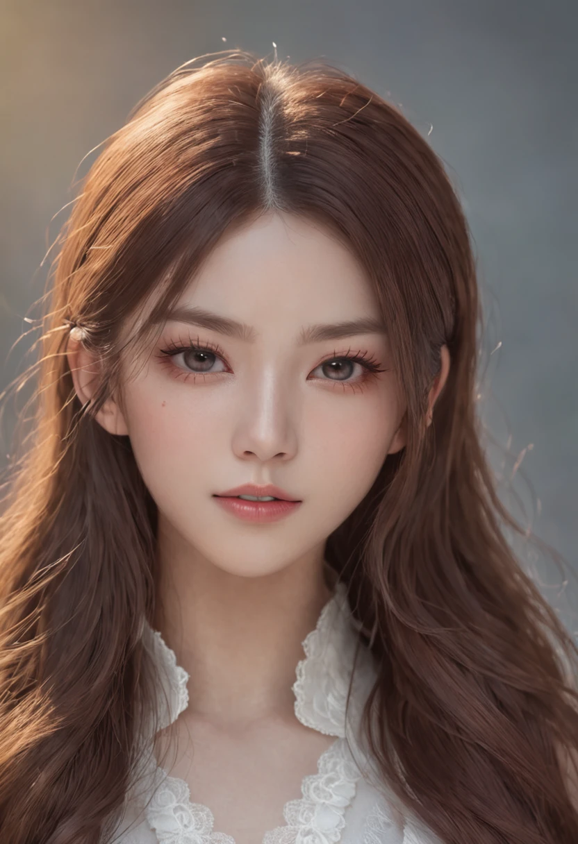 beautiful young woman with、onimous、Thin corners protrude from the temple to the front、stain、azur lane、slim and angular face、pointed chin、Feminine and big eyes、realisitic、ighly detailed、Large accentuated chest、Textured skin、face perfect、High small nose、Oblique 45 degrees、cabelos preto e longos、Light brown eyes、Fluffy and big、White Maid Clothes、barechested、a luxury hotel room、Full body painting、