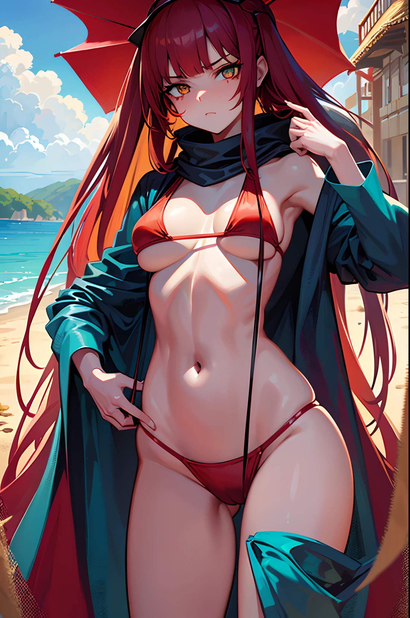 ((masterpiece)), ((best quality)), 1girl, long hair, big boobs, ((red hair)), swimsuit, ((turquoise swimsuit)), very long red hair, ((intimidant look)), wet skin, beach, sexy pose, ((blood marks)), ((yellow eyes)), exterior, sand, seductive, color lights, ((tied hair)), exposed skin, ((intimidant look)), good anatomy, ((dominant)), ((straight cut bangs)), evil, emotionless, intimidant, bloody, ((beautiful eyes)), beach background, close up, ((detailed eyes)), beautiful eyes, hair bang, frontal look