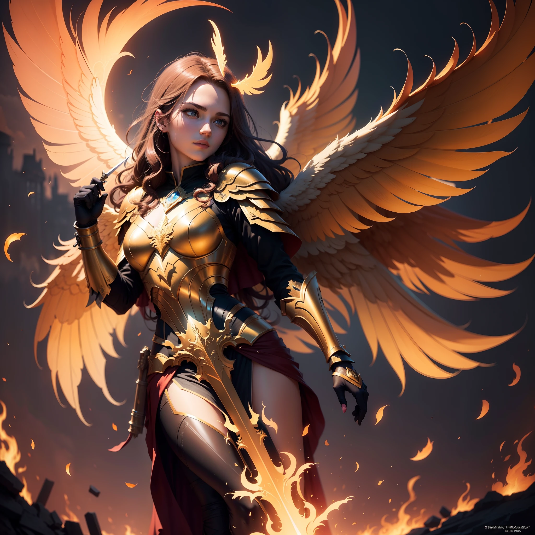 (Divine bird),(Fire Phoenix),(The fire light outlined the body of the phoenix),warrioress,Phoenix Armor,Flap your wings,(Shining with golden light),Solo,nigth,Multiple silhouettes,First-person elevation angle,super detailing,best qualtiy,tmasterpiece,(8K),Extremely detailed,Epic artwork,Sword of the Guardian