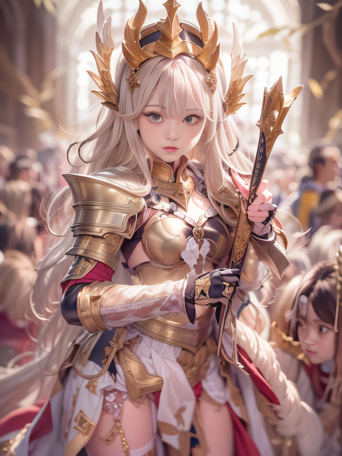 Highly detailed background，Realistic，ultra-detailliert，super detailed skin，Detailed beautiful face and eyes，retinas, masutepiece, ccurate, Anatomically correct, Textured skin, Super Detail, high details, High quality, awardwinning, Best Quality, hight resolution, 8K,Mysterious woman in white and red costume holds two-handed sword, Exiled Princess Knight, knights of zodiac girl,Pallas Athena,Royal Night，Breastplate armor，a blond，(Glowing blue eyes)，smooth hair，detailed hairs，Very fine hairs,((small tits)),Thin leg, Wearing underwear，angelic golden armor, gilded shiny armour, Gorgeous red, White and gold armor, heavy white and golden armor, ((Intricate red and white and gold armor)), Shimmering red and copper armor, wearing shining armor, gold armour, Vengeance Princess Knight, golden armour, heavyknight，Great studded lights、Delicate and beautiful colors、Have an emotional atmosphere、Transparent background、Have a fantastic and charming atmosphere，light glow，Film grain，Expro II，Lens Flare，Sharpen，cinematic shadow、There is a knight behind，Cool color makeup，Lowered eyebrows、Ephemeral Girl，A look tinged with joy