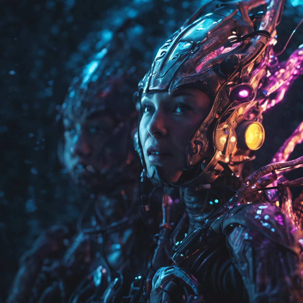 woman in an underwater spacesuit, (Beautiful Bioluminescent Creatures on black bacground:1.3), black background, best quality, sunlight, detailed face, gorgeous eyes, realistic skin details, high quality, seen from below, romantic, high quality, film grain, Cinematic Light, sidelighting, sharp focus