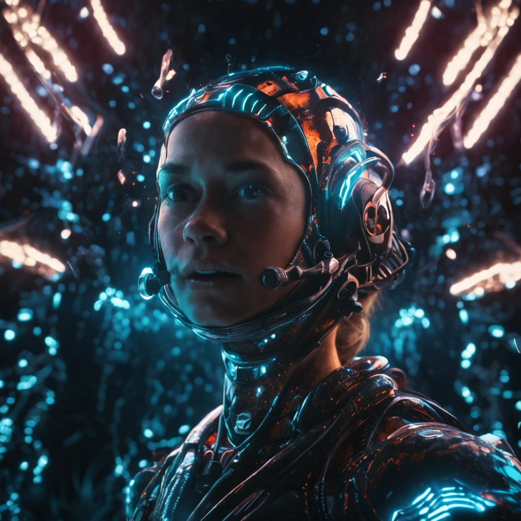 woman in an underwater spacesuit, (Beautiful Bioluminescent Creatures on black bacground:1.3), black background, best quality, sunlight, detailed face, gorgeous eyes, realistic skin details, high quality, seen from below, romantic, high quality, film grain, Cinematic Light, sidelighting, sharp focus