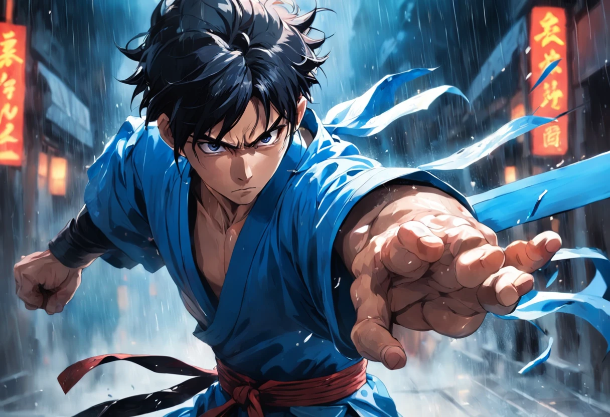 an extreme closeup shot:Male swordsman，Hands are normal，The body does not twist，Hair soars，Wielding a blue light knife，With a murderous expression on his face。Martial arts action，Fighting posture，Motion blur，under rain，lightand shade contrast，top views，中景 the scene is，Focus on people。Depth of field 2.0。Chinese ink splash painting style，Drawn by Xu Beihong。Dhalora200