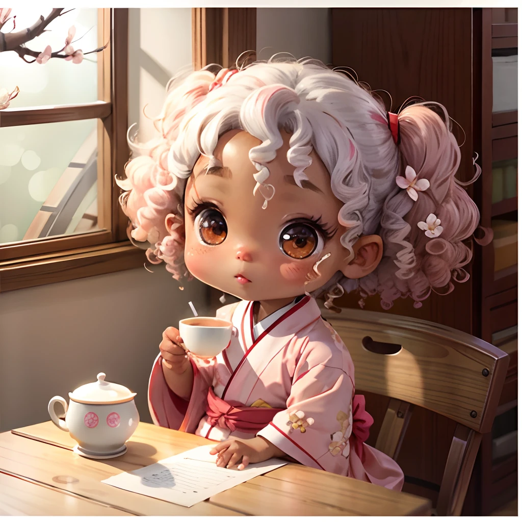 Cute brown skinned  chibi anime, with freckles,white and pink kimono, drink tea, curly grey hair, in a frame, drink hot tea, cherry blossom, logo