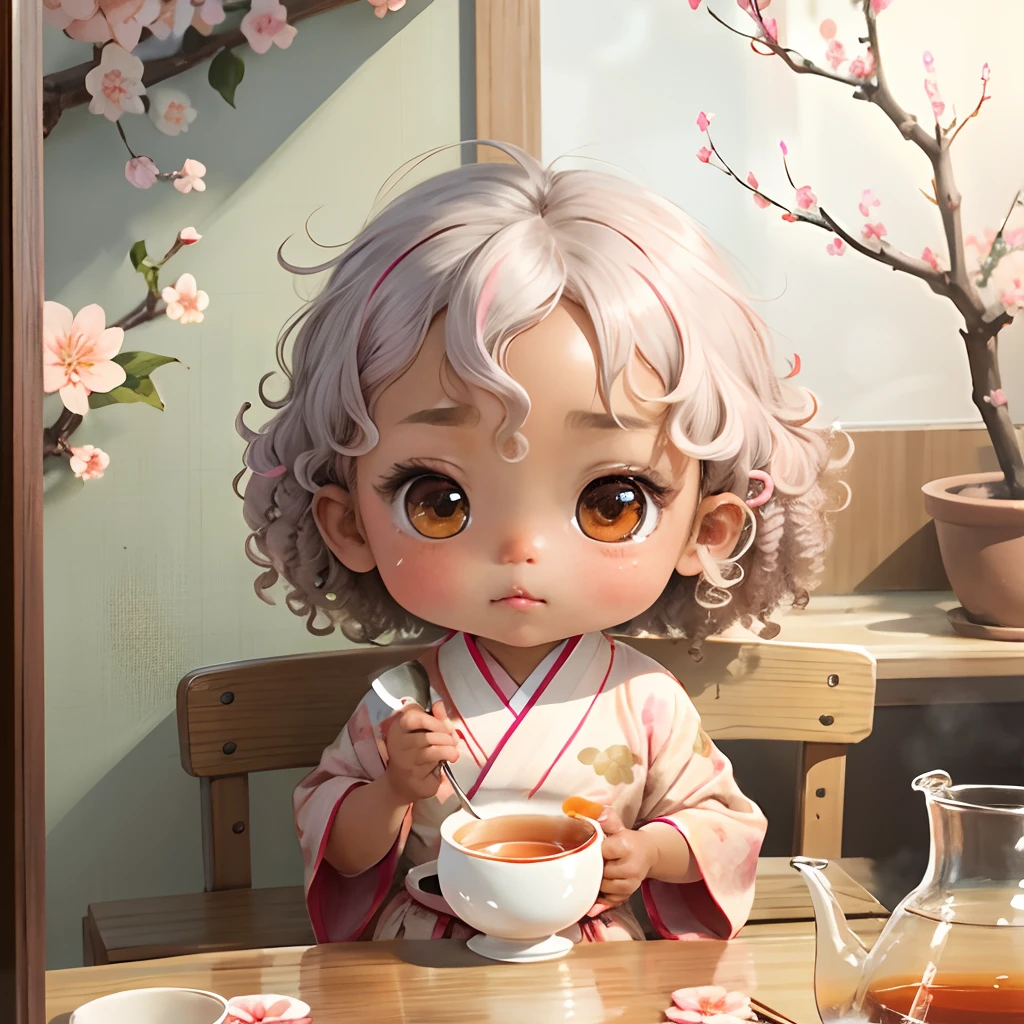 Cute brown skinned **** chibi anime, with freckles,white and pink kimono, drink tea, curly grey hair, in a frame, drink hot tea, cherry blossom, logo