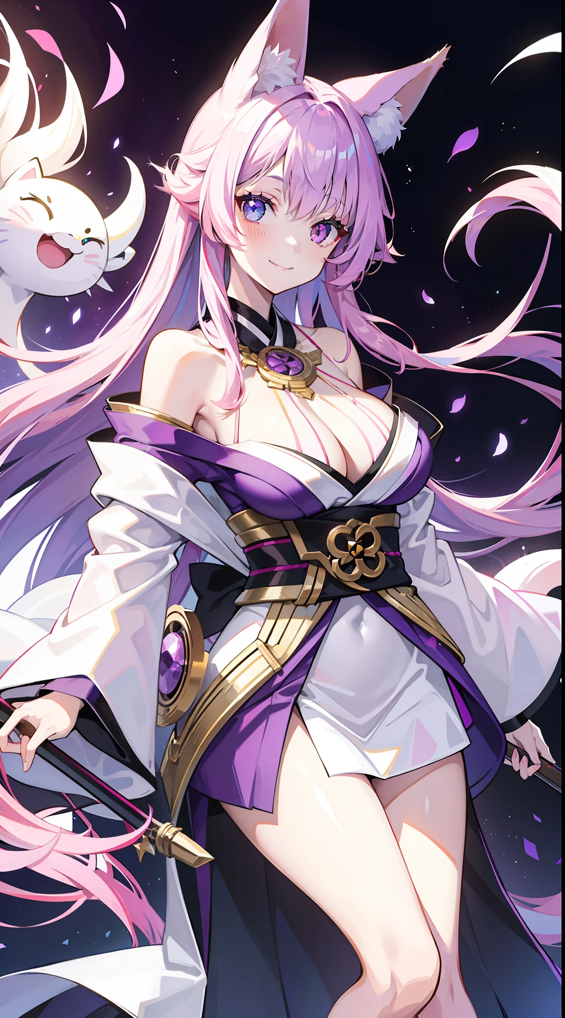young girl, long pink hair, Fox ears, Heterochromia, left white and right purple eye, Purple kimono, open shoulders, large breasts, Smile, Masterpiece, hiquality