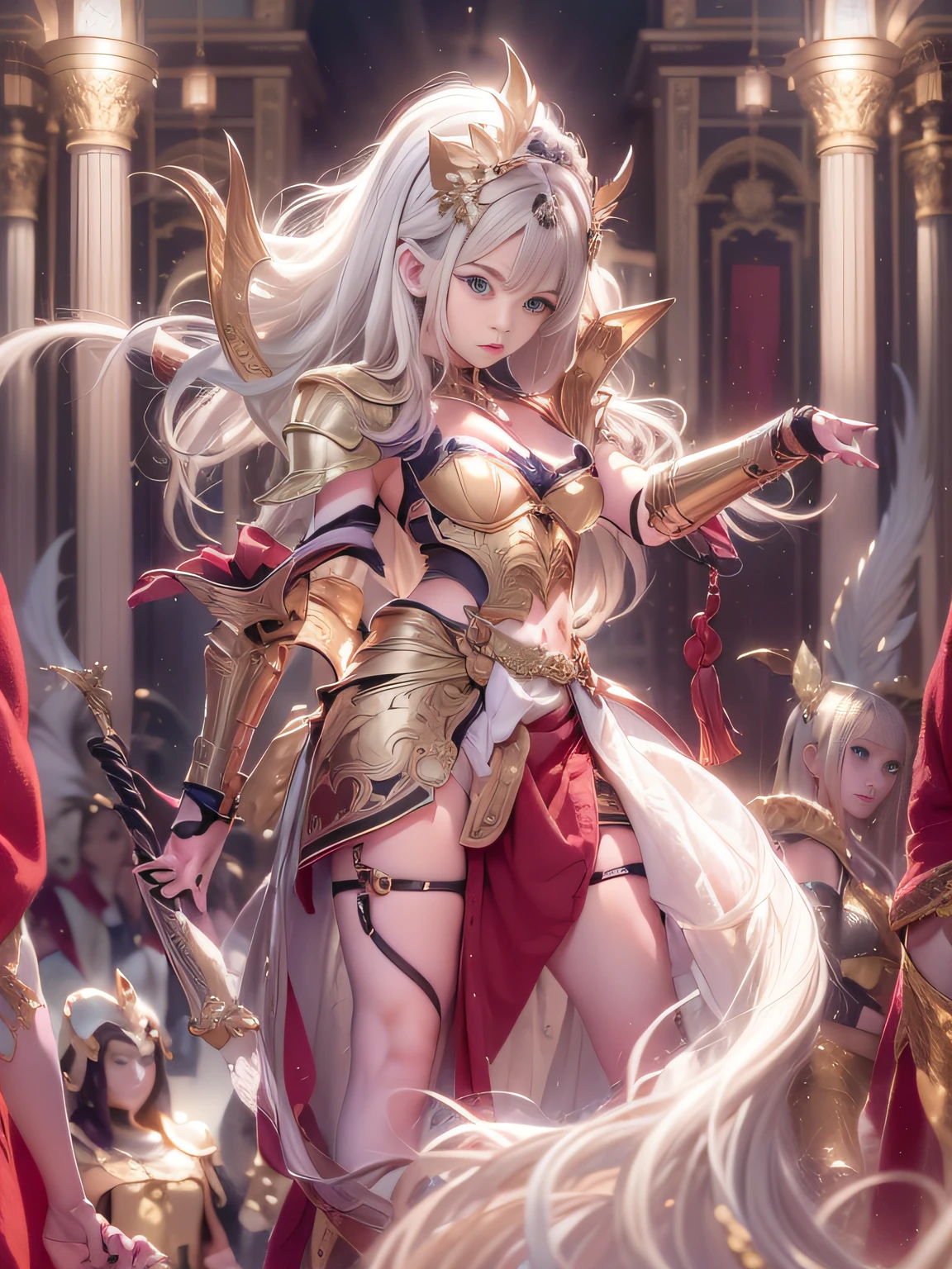 Highly detailed background，Realistic，ultra-detailliert，super detailed skin，Detailed beautiful face and eyes，retinas, masutepiece, ccurate, Anatomically correct, Textured skin, Super Detail, high details, High quality, awardwinning, Best Quality, hight resolution, 8K,Mysterious woman in white and red costume holds two-handed sword, knights of zodiac girl, portrait knights of zodiac girl,lady palutena,smooth hair，detailed hairs，Very fine hairs,small tits,Thin leg, Wearing underwear，angelic golden armor, gilded shiny armour, Ornate white and gold armor, heavy white and golden armor, Intricate red and white and gold armor, Shimmering red and copper armor, wearing shining armor, gold armour, Princess Knight, golden armour, Great studded lights、Delicate and beautiful colors、Have an emotional atmosphere、Transparent background、Have a fantastic and charming atmosphere，light glow，Film grain，Expro II，Lens Flare，Sharpen，cinematic shadow、There is a knight behind，Cool color makeup，Lowered eyebrows、Ephemeral Girl，A look tinged with joy