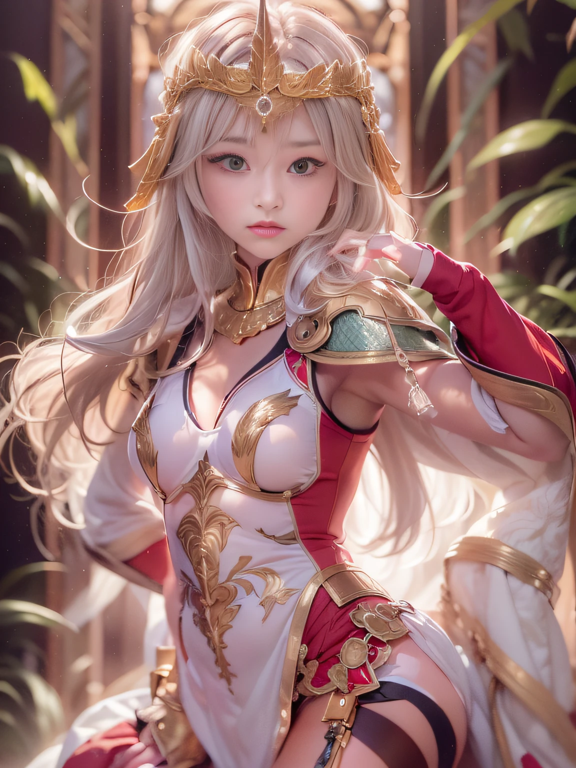 Highly detailed background，Realistic，ultra-detailliert，super detailed skin，Detailed beautiful face and eyes，retinas, masutepiece, ccurate, Anatomically correct, Textured skin, Super Detail, high details, High quality, awardwinning, Best Quality, hight resolution, 8K,Mysterious woman in white and red costume holds two-handed sword, knights of zodiac girl, portrait knights of zodiac girl,lady palutena,smooth hair，detailed hairs，Very fine hairs,small tits,Thin leg, Wearing underwear，angelic golden armor, gilded shiny armour, Ornate white and gold armor, heavy white and golden armor, Intricate red and white and gold armor, Shimmering red and copper armor, wearing shining armor, gold armour, Princess Knight, golden armour, Great studded lights、Delicate and beautiful colors、Have an emotional atmosphere、Transparent background、Have a fantastic and charming atmosphere，light glow，Film grain，Expro II，Lens Flare，Sharpen，cinematic shadow、There is a knight behind，Cool color makeup，Lowered eyebrows、Ephemeral Girl，A look tinged with joy