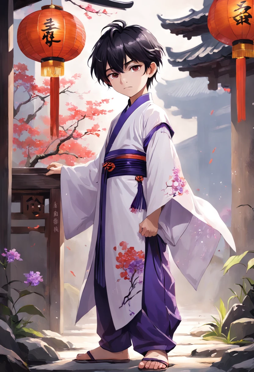 Full body standing painting,younge boy,12 year old boy,Black color hair,middle parted bangs,asymmetricalbangs,Purple eye,white clothes,Hanfu,Chinese-style clothes,Take the flowers, ssmile,Sagging eyes,Standing painting,White shoes