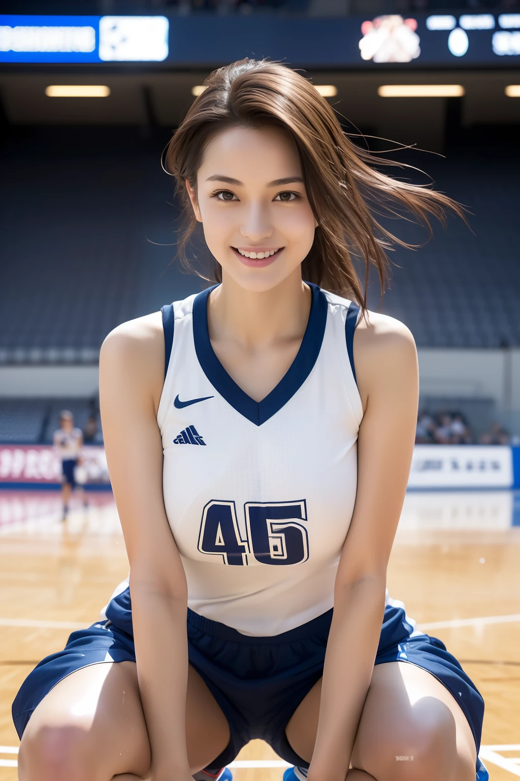 (Best Quality, 8K, 32K, masutepiece, nffsw:1.2), (1 slender woman of Japan, 28 years old, Tall gravure model), dark brown hair, Bright foreground, Professional Lighting, Photon mapping, Radio City, shading:1.3, (high-detail skin:1.2), (Huge breasts:1.3), (Shorts, exposed shoulder:1.1), squatting with legs open, ((Provocative Dynamic Poses)), (she is soaking wet), top-down view:1.5, (Basketball Uniform:1.1, ), hyperdetailed face, Detailed lips, Detailed eyes, Double eyelids, Inside the stadium, Looking Camera, (Sensual gaze on the photographer, lips slightly open) crystal clear skies, Basketball Stadium, Happy smile,