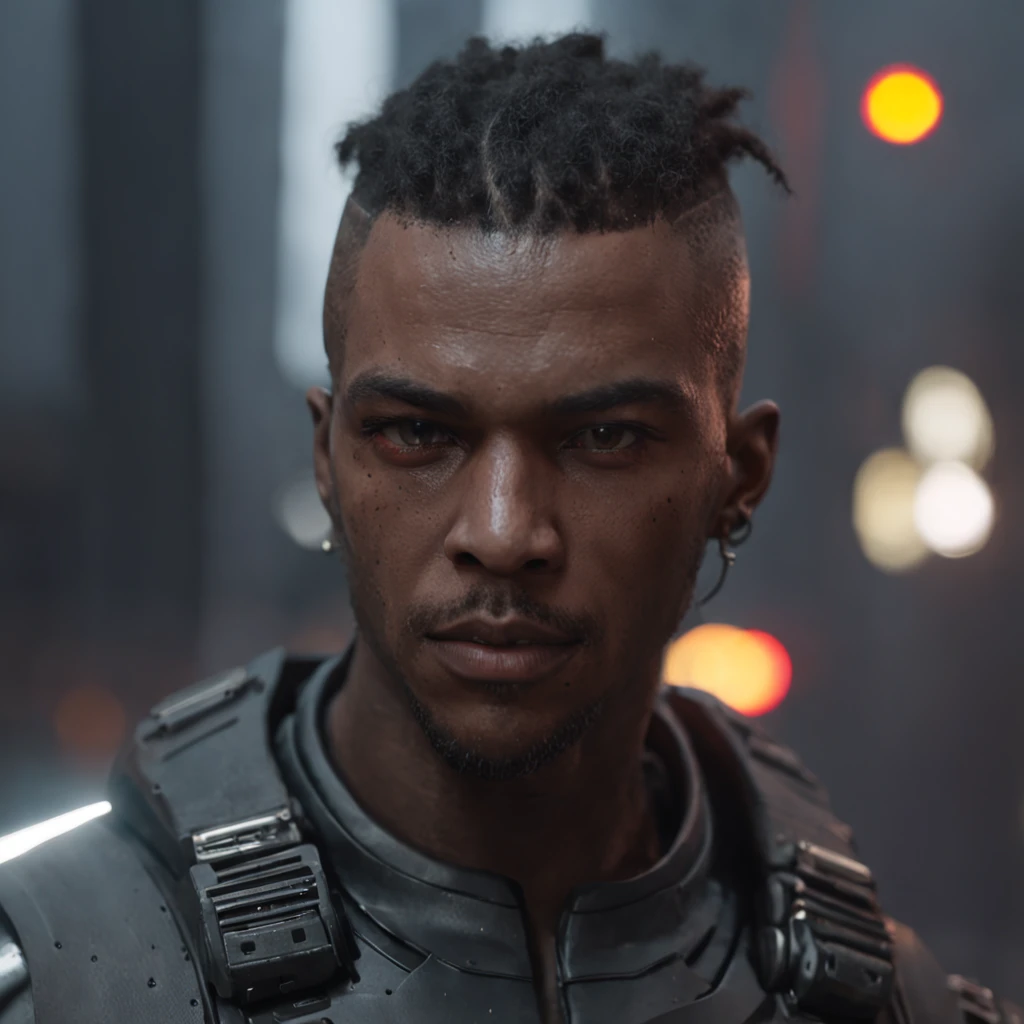 a close up of a person with a gun in a city, cyberpunk art inspired by Cliff Childs, trending on Artstation, afrofuturism, cyberpunk 2 0 7 7 character art, portrait of a cyberpunk man, cyberpunk character art, portrait of a cyberpunk cyborg, cyberpunk dude, cyberpunk character, shadowrun character art, a teen black cyborg, cyberpunk portrait, cyberpunk digital painting