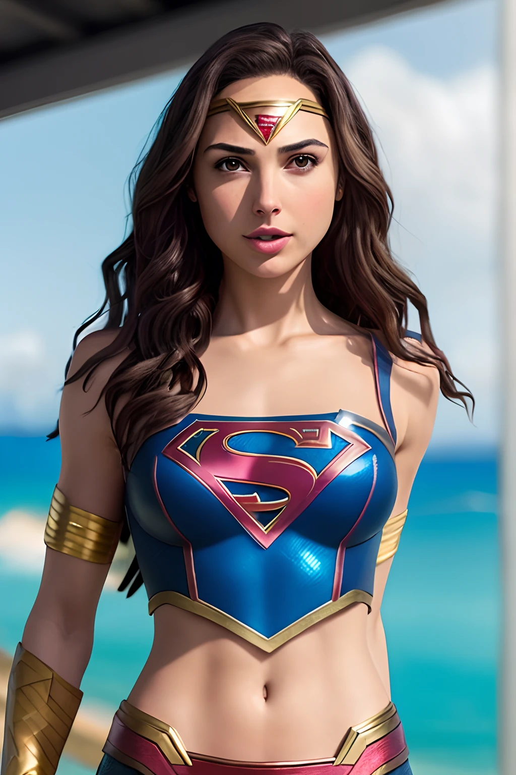 Gal gadot, (bandagem:1.3), corpo lindo, seios lindos, shorts, cosplay supergirl, filmado em dslr, rosto detalhado, cinematografia, maximum details, cores neutras, hdr, cores suaves, soft  Cinematic Light, detalhes insanos, detalhes intrincados , hiperdetalhado, obra-prima, 8k, papel de parede, (detalhado), alta qualidade, ((pele altamente detalhada, detalhes da pele)), foco nítido, 8k uhd, dslr, grain of film