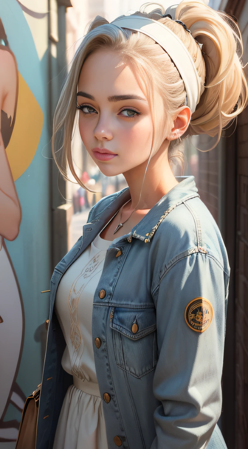 ((masterpiece)),((best quality)),((high details)),((realistic)), beautiful girl wearing Casual Denim Jacket and White Dress, High ponytail with a headband, Bright sunlight with some shade for a carefree look, Urban street with colorful murals or charming alleys background, 8k