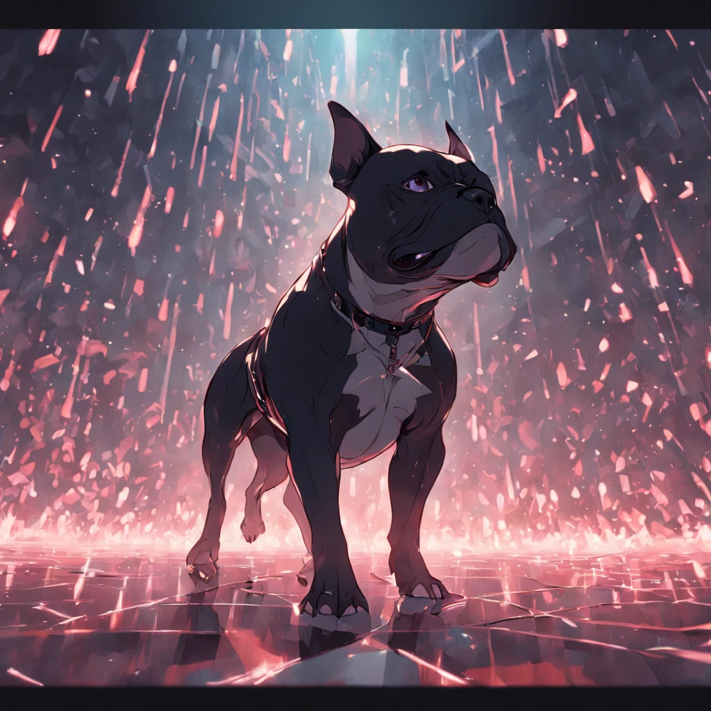 "master part, American Bully revestido de preto com detalhes na cor branca, canalizando o estilo Matrix, sports sunglasses, captured from a dynamic angle, providing the best quality in an impressive 4K resolution."