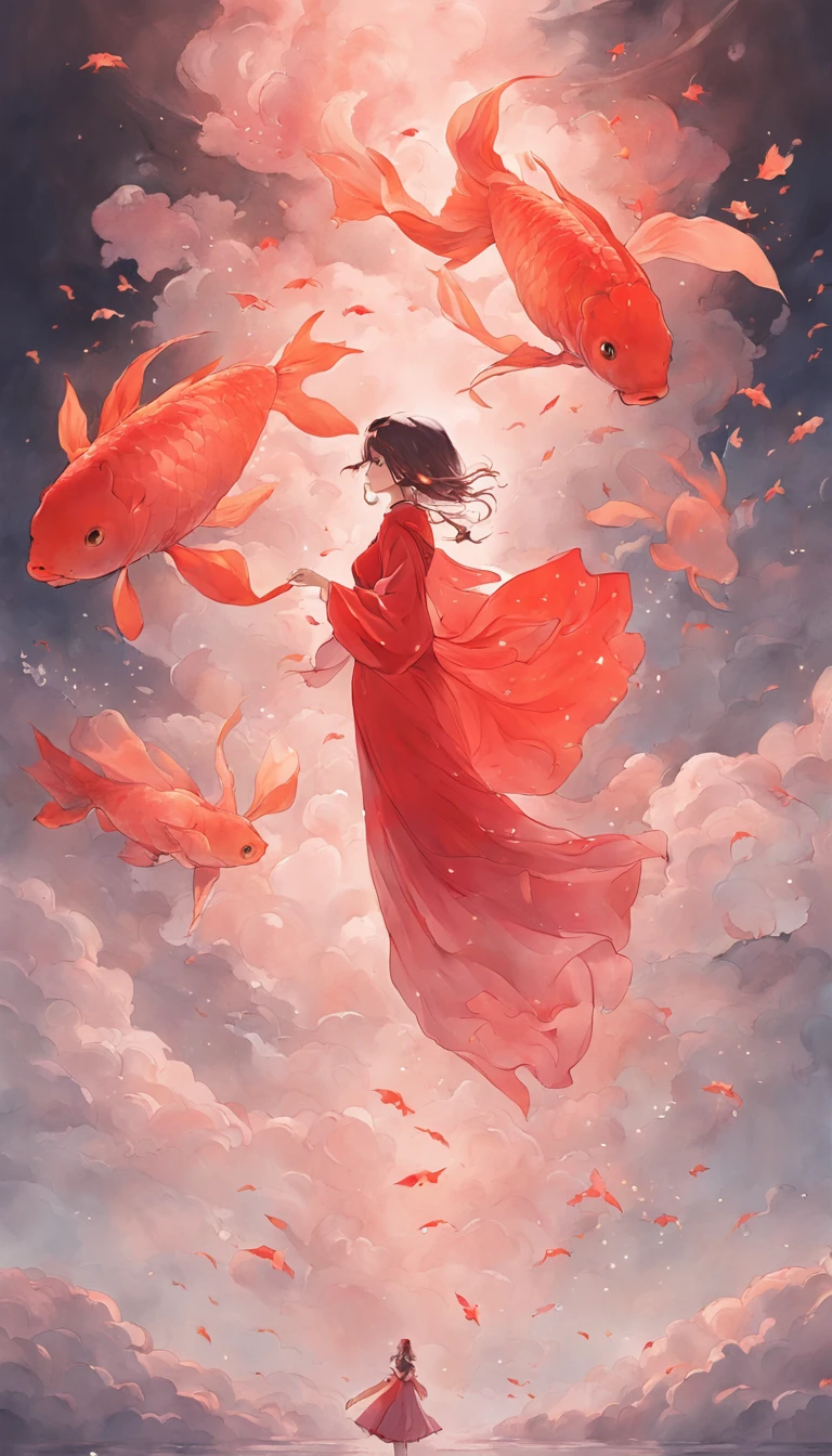 an inky white painting of a lady in old red dress with a huge pink goldfish in the cloud, made of mist, dark white and pink, in the style of li shuxing, shilin huang, zhichaocai, ethereal forms, gigantic scale, graceful balance, double exposure, Cloud effect:1.5,elevation,Faraway view,super detailing,best qualtiy,tmasterpiece,8K,Extremely detailed,Epic artwork