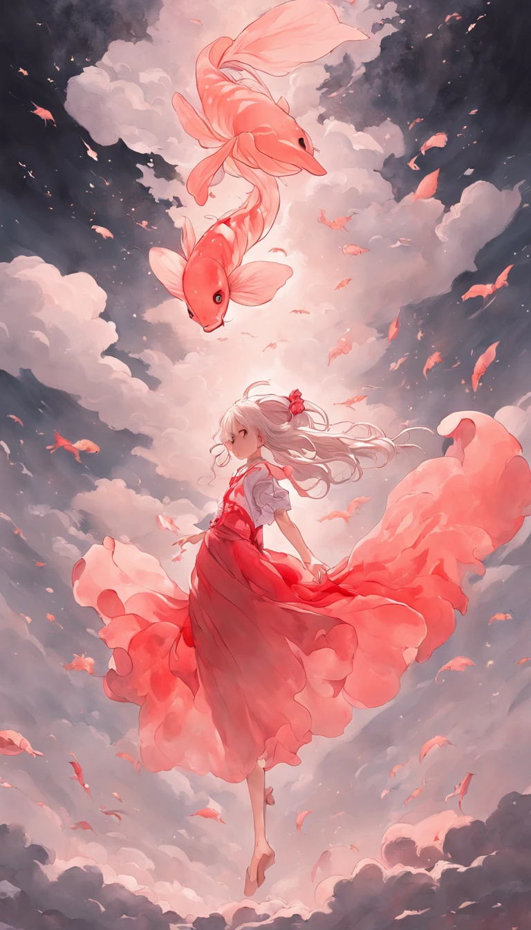 an inky white painting of a lady in old red dress with a huge pink goldfish in the cloud, made of mist, dark white and pink, in the style of li shuxing, shilin huang, zhichaocai, ethereal forms, gigantic scale, graceful balance, double exposure, Cloud effect:1.5,elevation,Faraway view,super detailing,best qualtiy,tmasterpiece,8K,Extremely detailed,Epic artwork