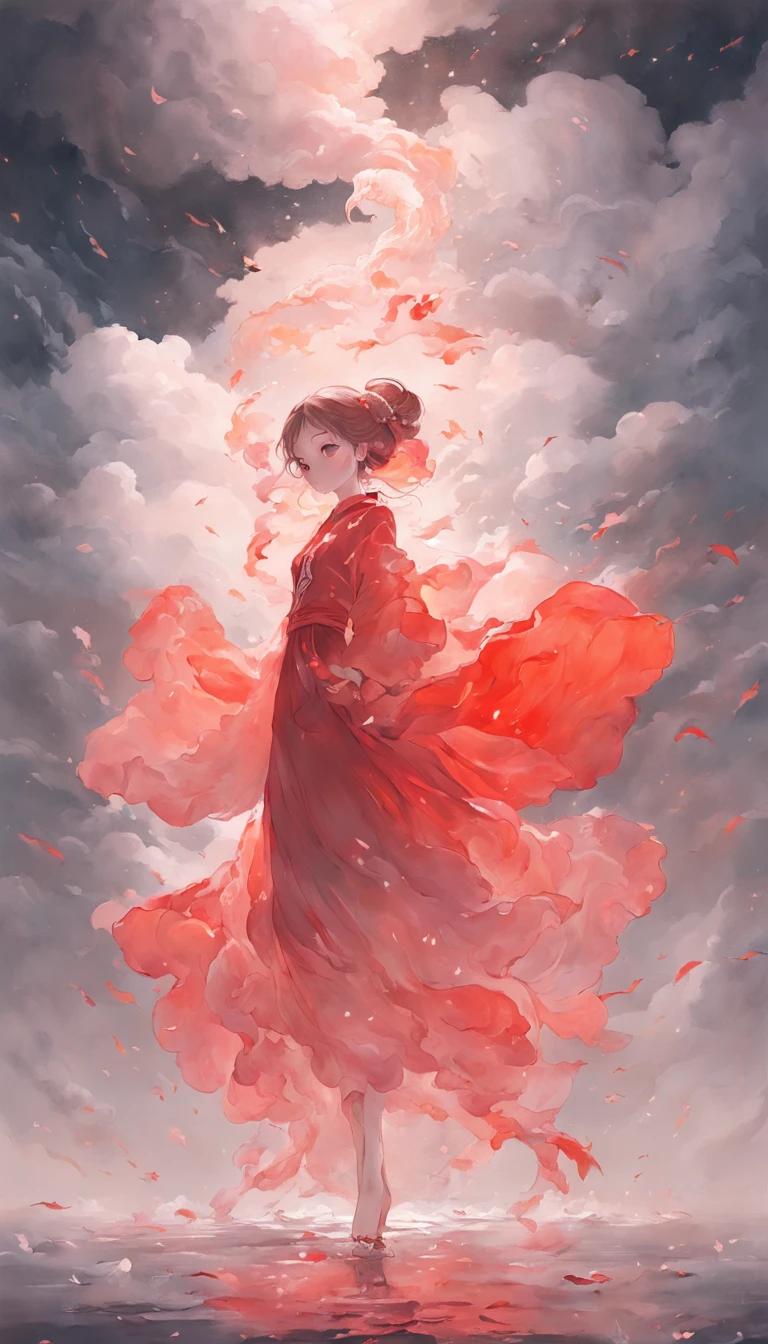 an inky white painting of a lady in old red dress with a huge pink goldfish in the cloud, made of mist, dark white and pink, in the style of li shuxing, shilin huang, zhichaocai, ethereal forms, gigantic scale, graceful balance, double exposure, Cloud effect:1.5,elevation,Faraway view,super detailing,best qualtiy,tmasterpiece,8K,Extremely detailed,Epic artwork