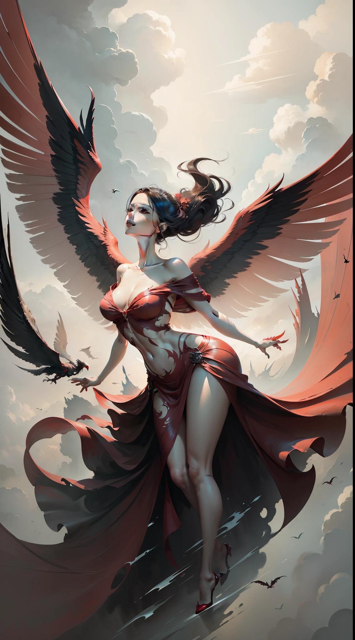 an inky painting of a lady in old light red dress with a huge Vermilion Bird stretching wings in the cloud, made of mist, dark white and light vermilion, in the style of andreas rocha, john pitre, philip mckay, zhichaocai, ethereal forms, gigantic scale, graceful balance, gongbi, double exposure