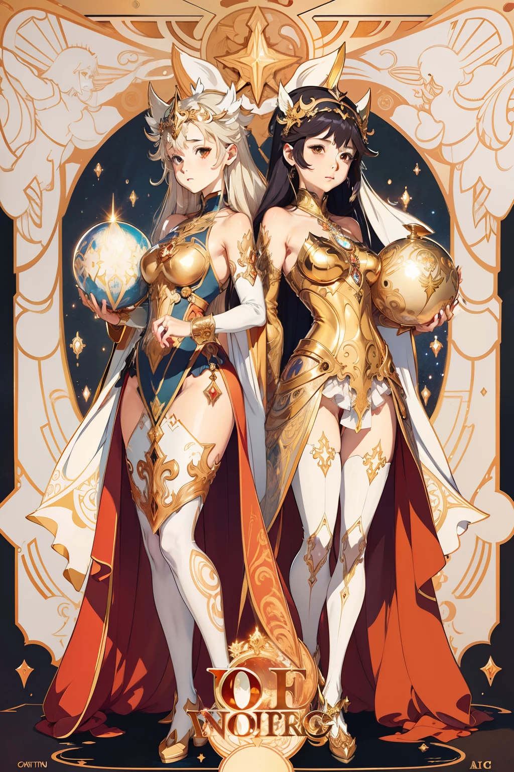 arafed image of a twin womans with a star ball in her hands, alphonse mucha and rossdraws, mucha style 4k, artgerm mucha, korean art nouveau anime, portrait knights of zodiac girl, goddess. extremely high detail, anime fantasy illustration, detailed digital anime art, gorgeous goddess of leo, anime art nouveau, talor liner, stick liner, clear line. perfect post leg and shose. backgourd no face. red gold outfit