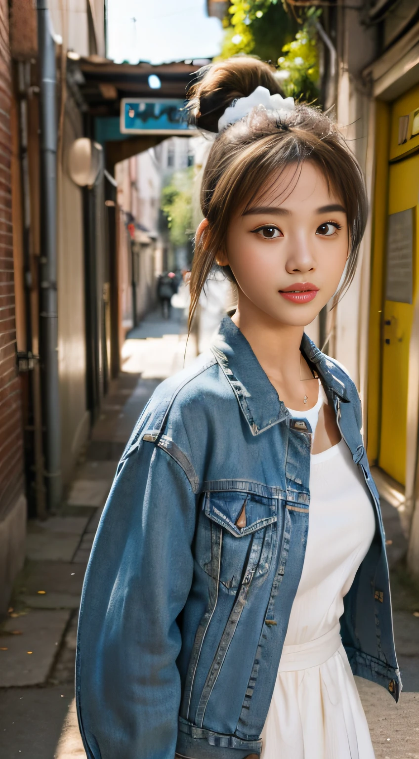 ((masterpiece)),((best quality)),((high details)),((realistic)), beautiful girl wearing Casual Denim Jacket and White Dress, High ponytail with a headband, Bright sunlight with some shade for a carefree look, Urban street with colorful murals or charming alleys background, 8k