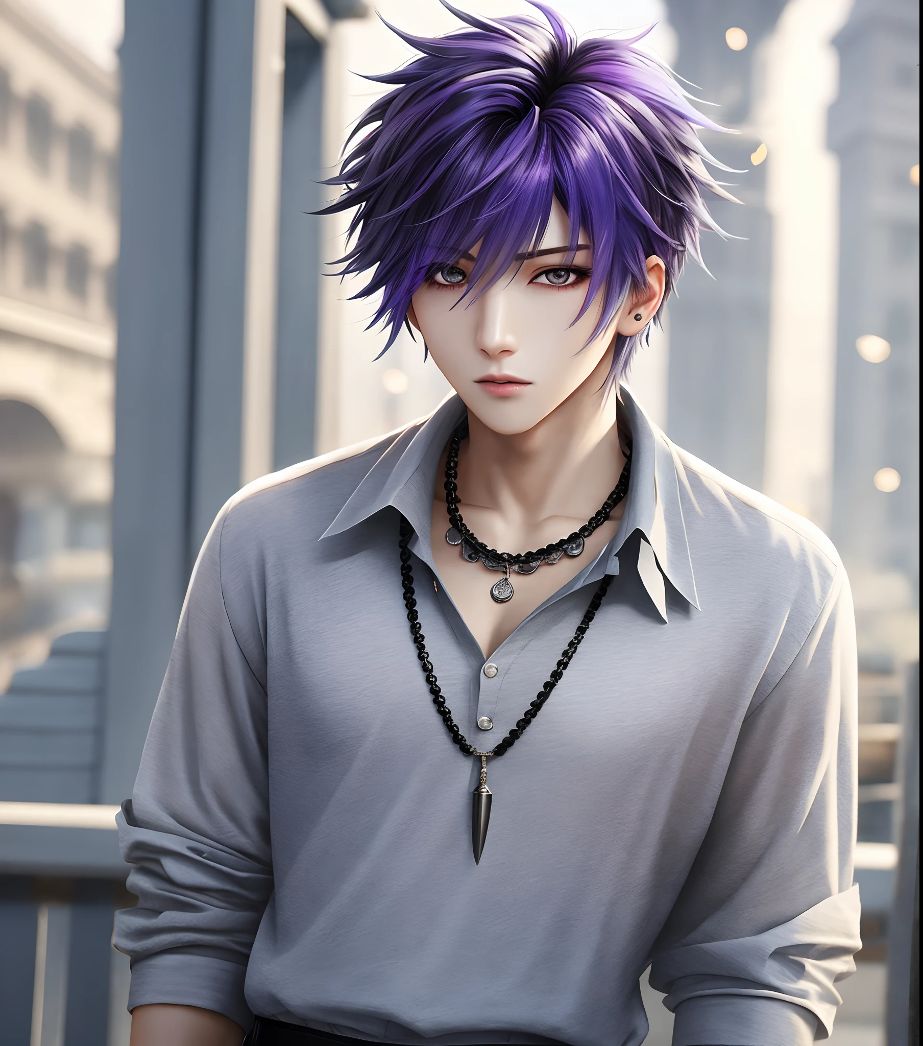 Englandtown, Professional Photos, shot from back, Photographed so that the whole body can be seen, shot from back, At Fed Man with Necklace, inspired by Sim Sa-jeong, androgynous vampire, :9 detailed face: 8, extra detailed face, detailed punk hair, ((Gray)) baggy eyes, Seductive. Highly detailed, semi realistic anime, Vampires, hyperrealistic , delicate androgynous prince, imvu, Bright purple hair, Gray eyes, Cool Korean fashion in black short sleeve t-shirt, Hiding both eyes with bangs, I can't see both eyes with bangs, Long bangs, short hair above the ears, Glaring expression, Wild look, looking distantly, high-level image quality, masterpiece, ((1 male human))