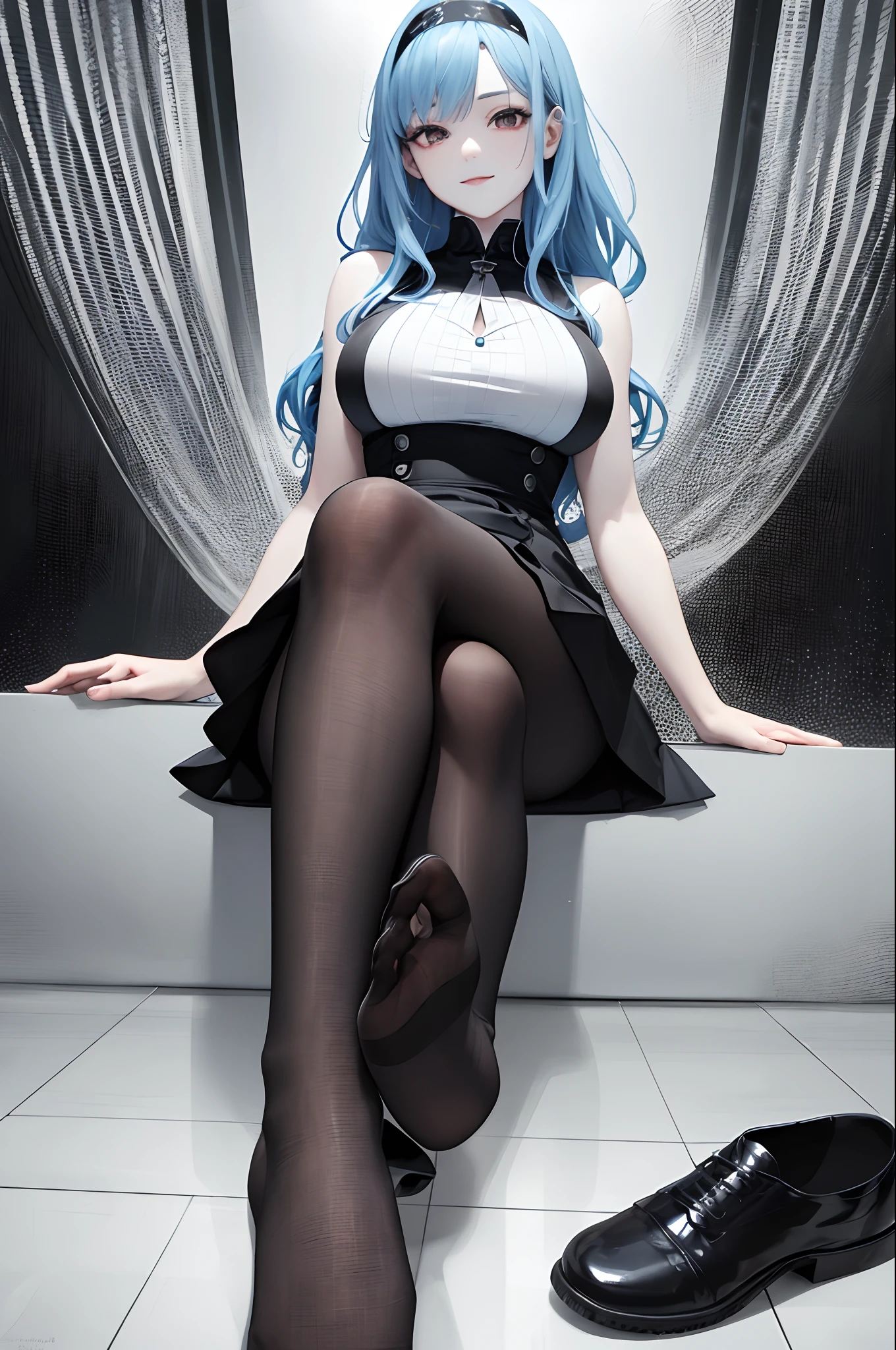 Ultra detail, high resolution, Ultra detailed, Best quality, Amazing, Top quality, Extremely detailed CG 8K wallpaper, black thighhigns, Show the foot to the audience, (Foot focus), presenting foot, view the viewer, From below, hand on own thigh, eyeslashes, (Pale skin:1.4), Anime style, Masterpiece, 8K, sharp detailed, 1girll, Solo, Light blue hair, Full body black dress with skirt, Mature female, Medium breasts, Double headband on the black side, Brown eyes, Long hair, Sleeveless, Closed mouth, Crossed legs, Smile, Sitting