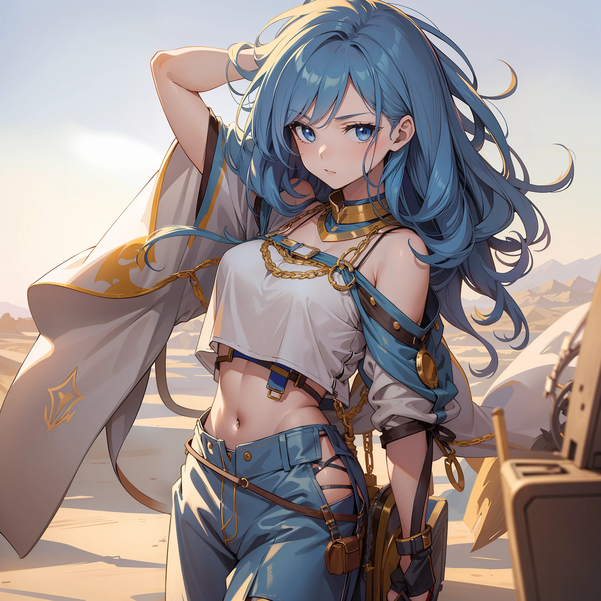 anime girl, blue hair, full body shot, desert caravan, crop top, sexy