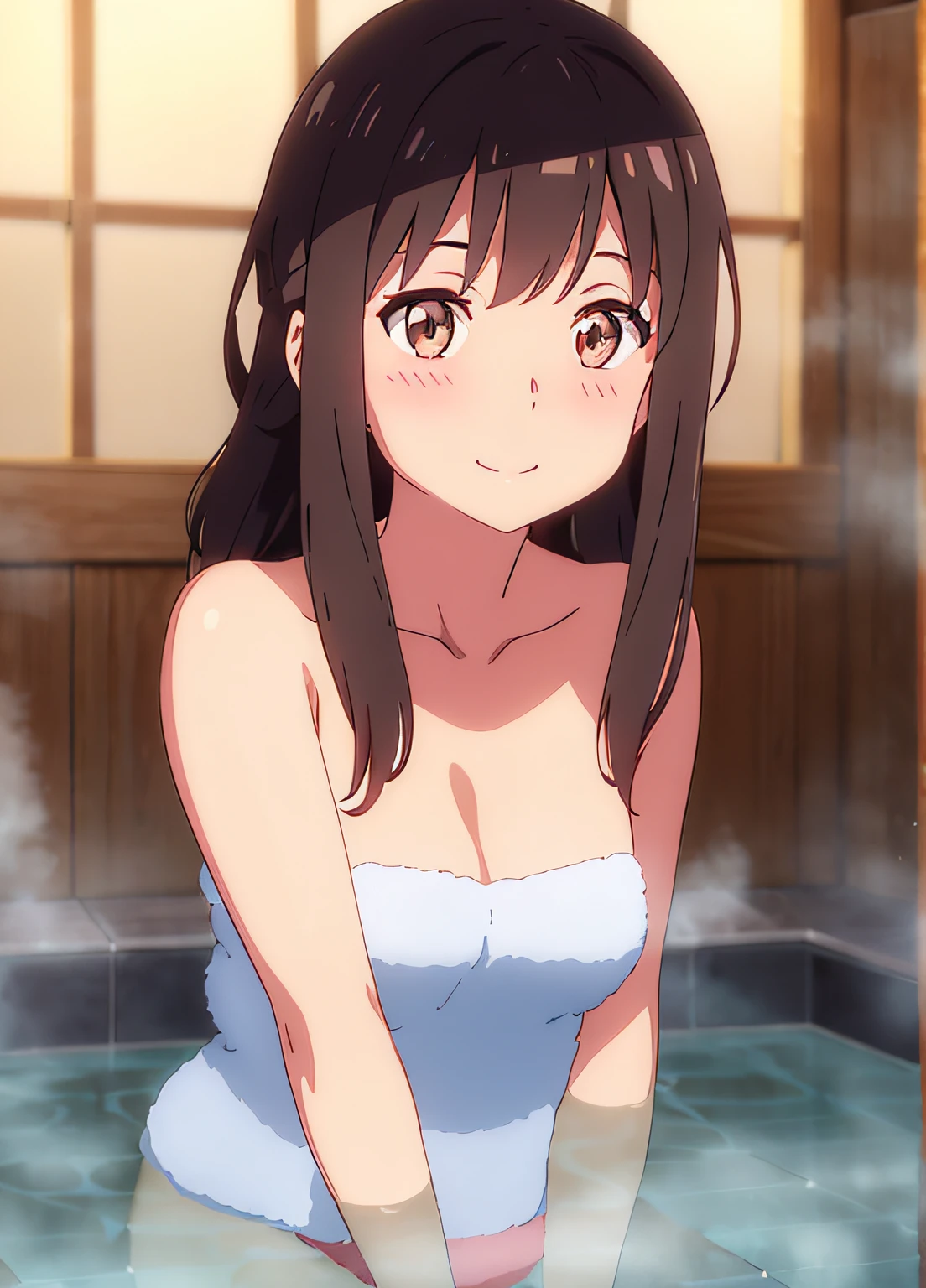 By Shinkai Makoto、Your name is。、1人、bangss、A dark-haired、red blush、Brown-eyed、Looking at the camera、negative space、The upper part of the body、bath towels、bathhouse、a smile