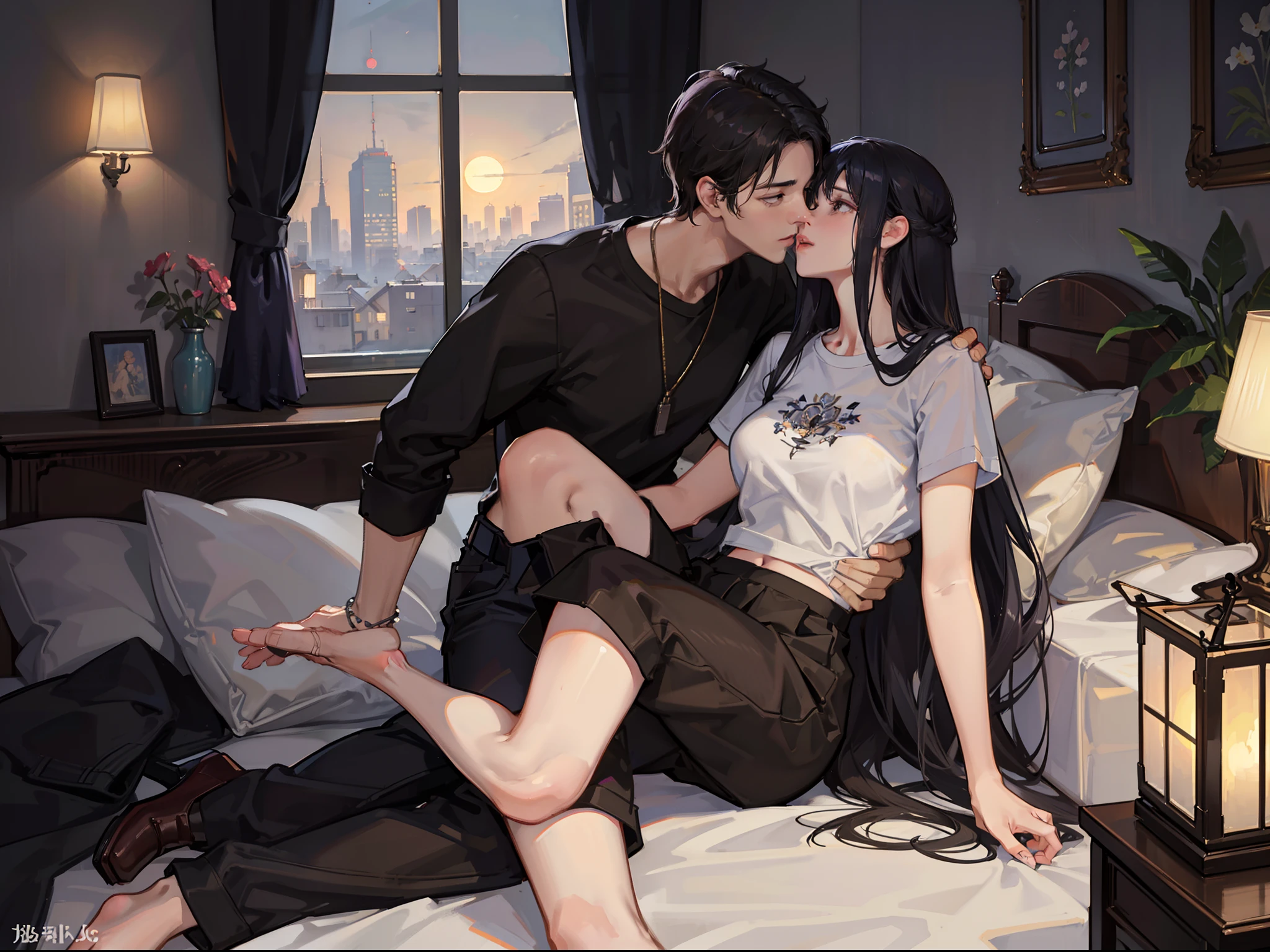 2 Man and woman in bedroom with bed, A man and a woman kiss, Carrying a woman on her shoulders, Black hair in a short skirt, T-shirt and pants, T-shirt and summer pants, Modern bedroom, Big bed, flower pots, Floor flowers, Large windows overlooking the city, the night, lamp lights, Soft light, Moonlight outside the window, The is very detailed, beaturiful body, Clear image, High detail commercial illustration, cover illustration, commission for high resolution, in style of digital illustration, close scene, romance novel cover, cover illustration, Background Illustration, Figure 8K, Realistic art style, Professional illustration, Artistic cover, Stylized works of urban fantasy, Official illustration, 数字插图 -